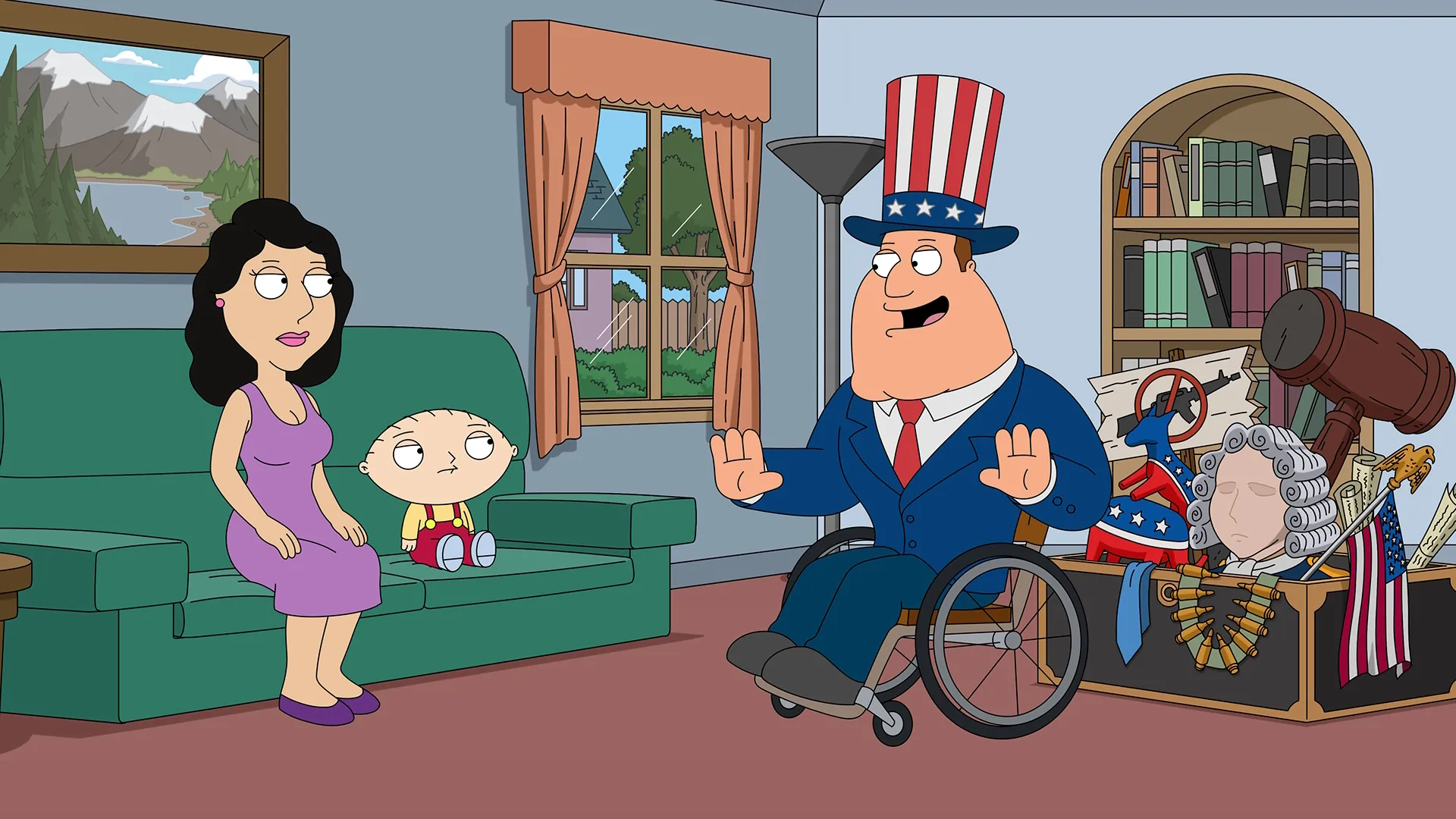 Joe, dressed in an American-themed suit and top hat talks to Stewie and Bonnie, in front of a box of American-themed props