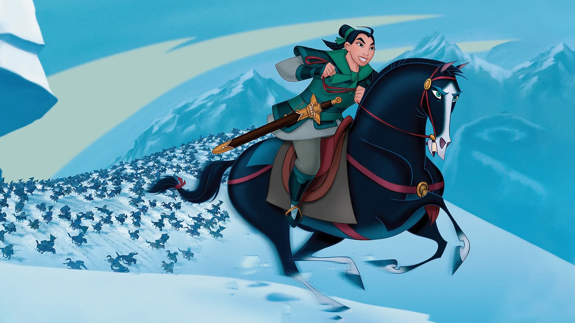 This image depicts a scene from the 1998 Disney animated film Mulan, featuring the title character riding her horse, Khan, through a snow-covered mountain landscape. 