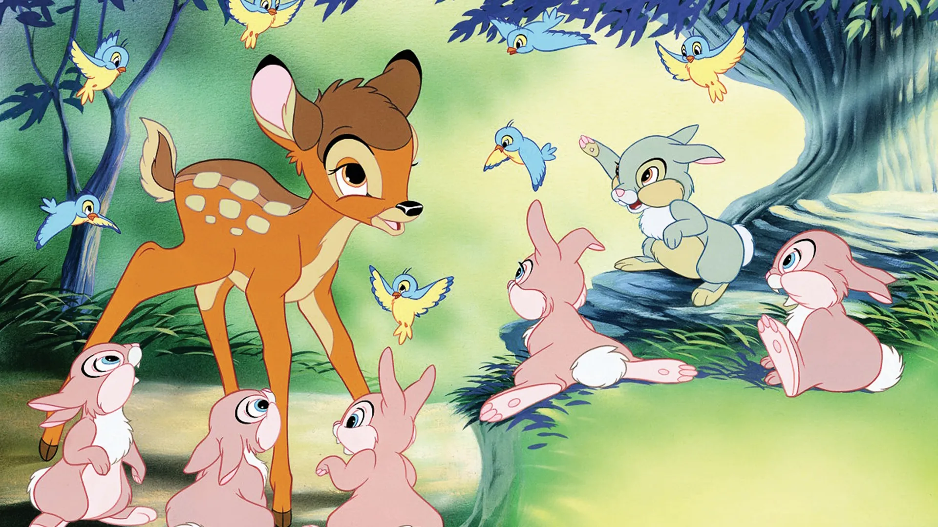 An image from the movie Bambi or Bambi surrounded by his forest animal friends