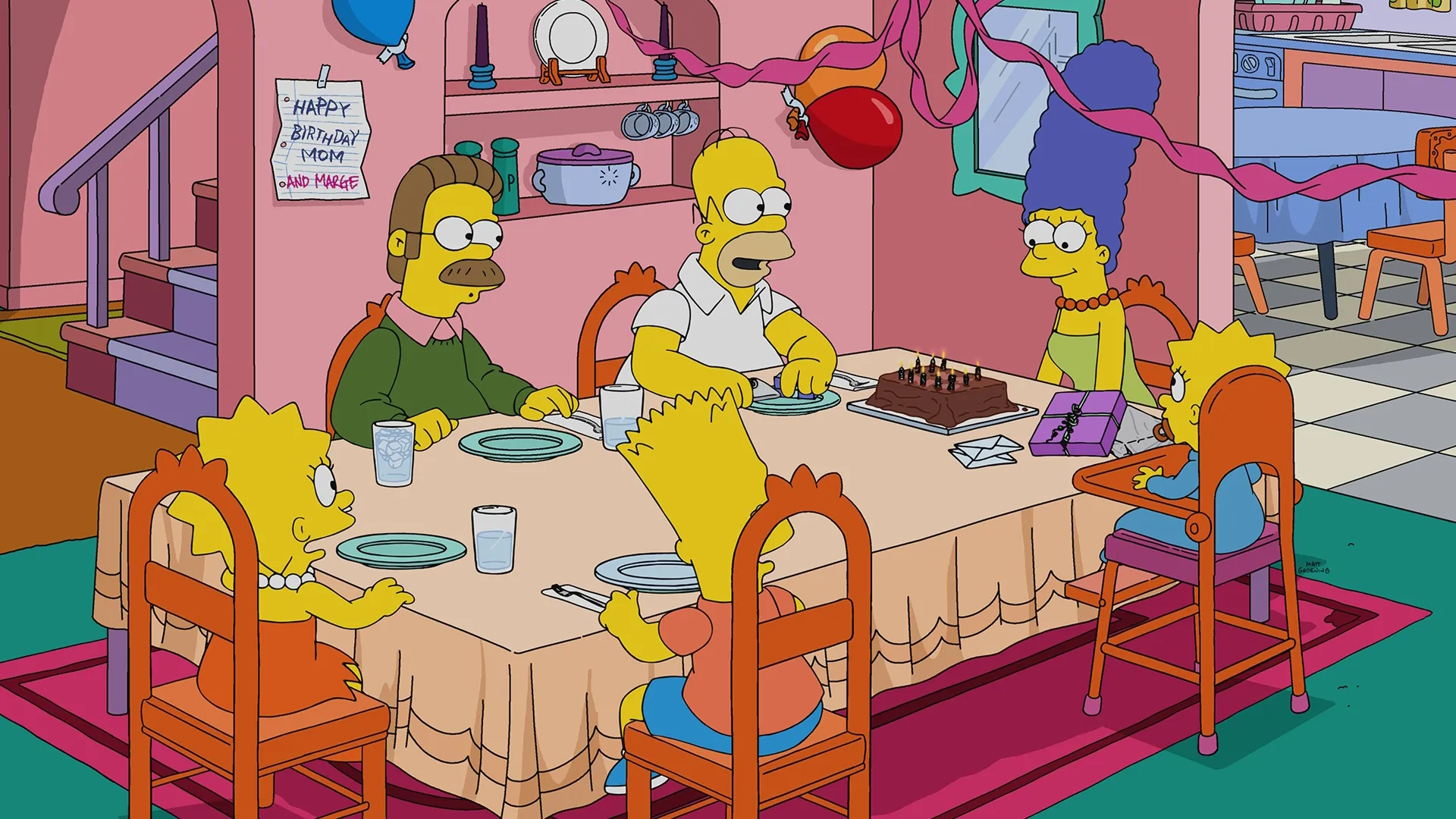 The Simpsons and Ned Flanders gathered around a table celebrating Marge's birthday in The Simpsons.