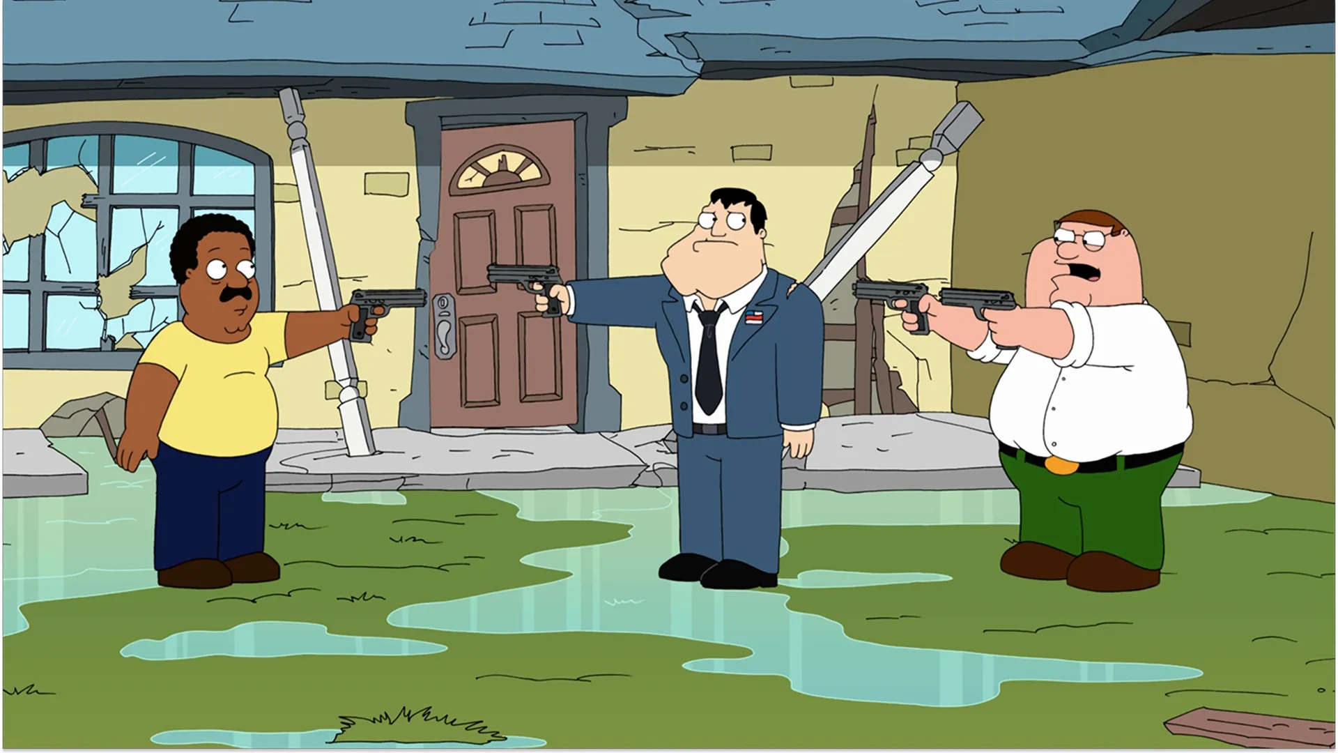 Personagens (da esquerda para a direita): Cleveland Brown, Stan Smith e Peter Griffin. Nessa cena, os personagens apontam armas uns para os outros em meio a uma tempestade