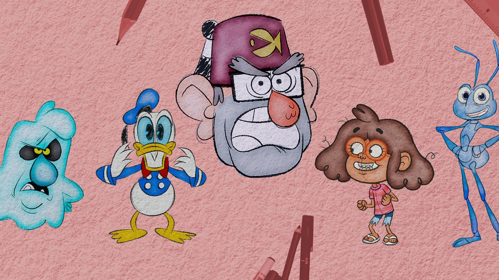 This image features a collection of various Disney characters depicted in a drawing style, including Grunkle Stan from Gravity Falls and Donald Duck, likely originating from a "How Not to Draw" feature. How Not to Draw, Disney+
