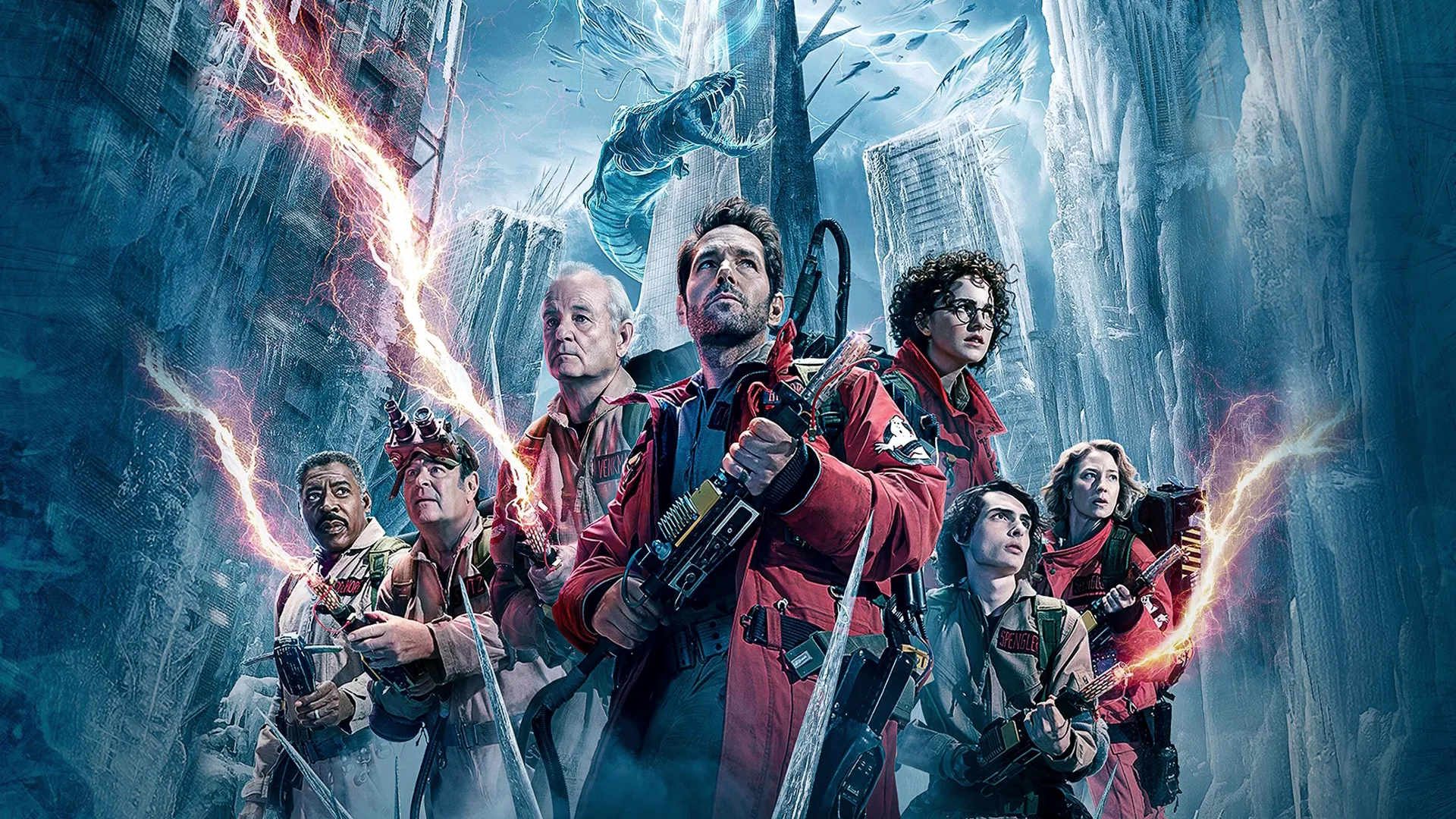 Promotional image for Ghostbusters: Frozen Empire featuring Paul Rudd as Gary Grooberson, Carrie Coon as Callie Spengler, Finn Wolfhard as Trevor Spengler, Mckenna Grace as Phoebe Spengler, Bill Murray as Dr. Peter Venkman, Dan Aykroyd as Dr. Ray Stantz, Ernie Hudson as Dr. Winston Zeddemore, and Annie Potts as Janine Melnitz
