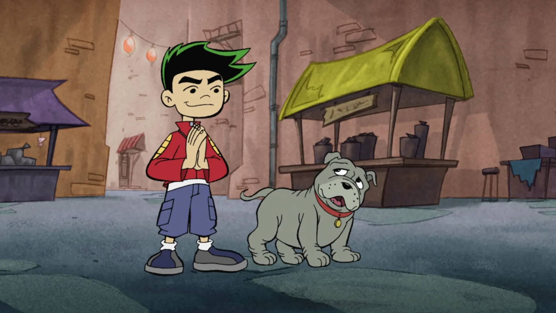 Jake Long stands in a Chinatown street talking to Fu Dog