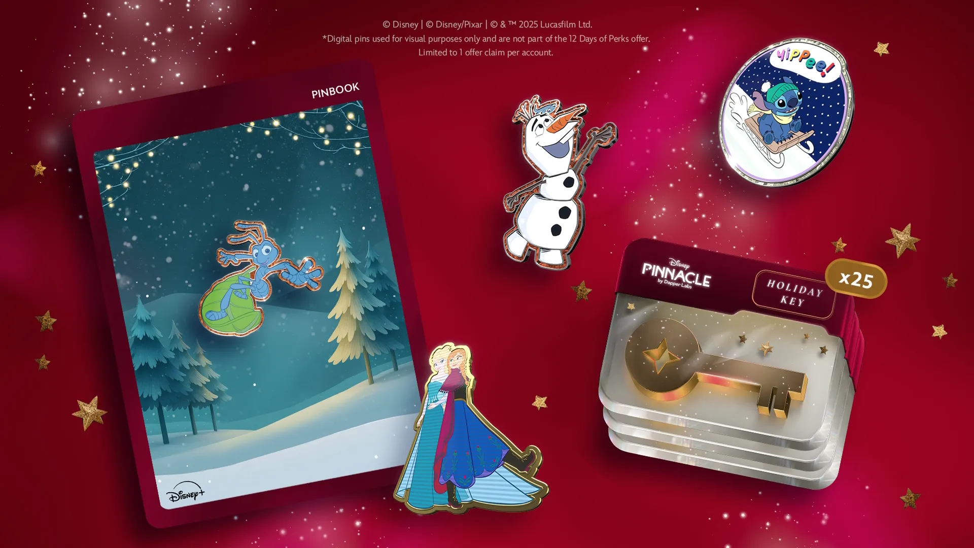 Holiday pins and keys featuring Disney characters including Anna, Elsa, and Olaf from Frozen and Stitch from Lilo & Stitch.