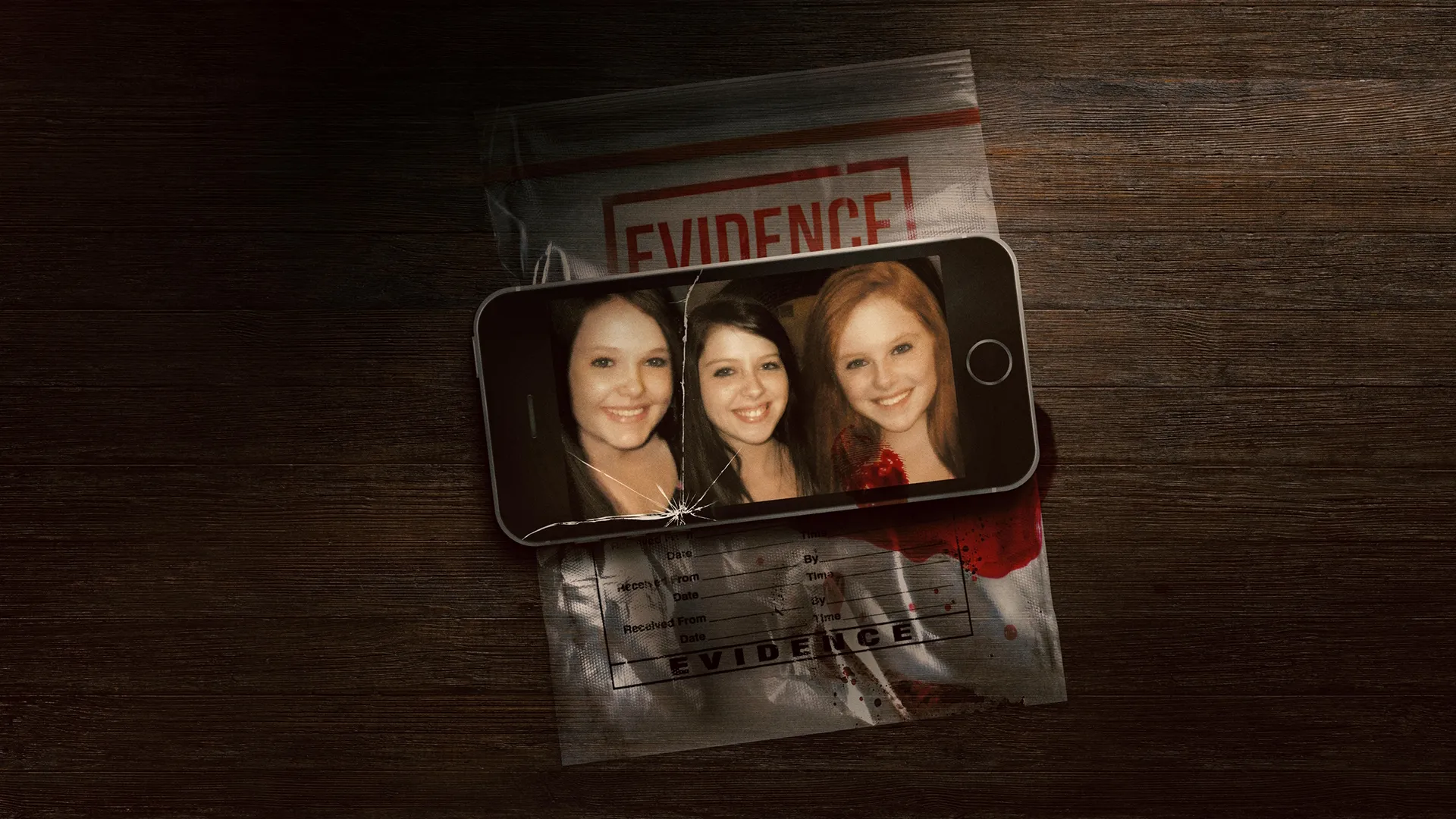 Cracked iPhone showing a picture of Skylar Neese, placed on top of an evidence bag.