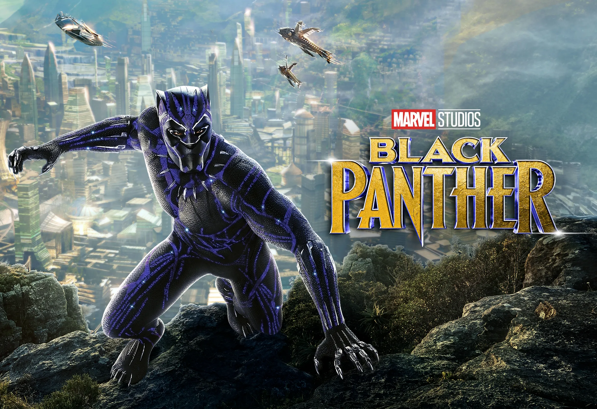 A poster for the movie, featuring Black Panther in his costume, climbing up a mountain with a futuristic city in the background