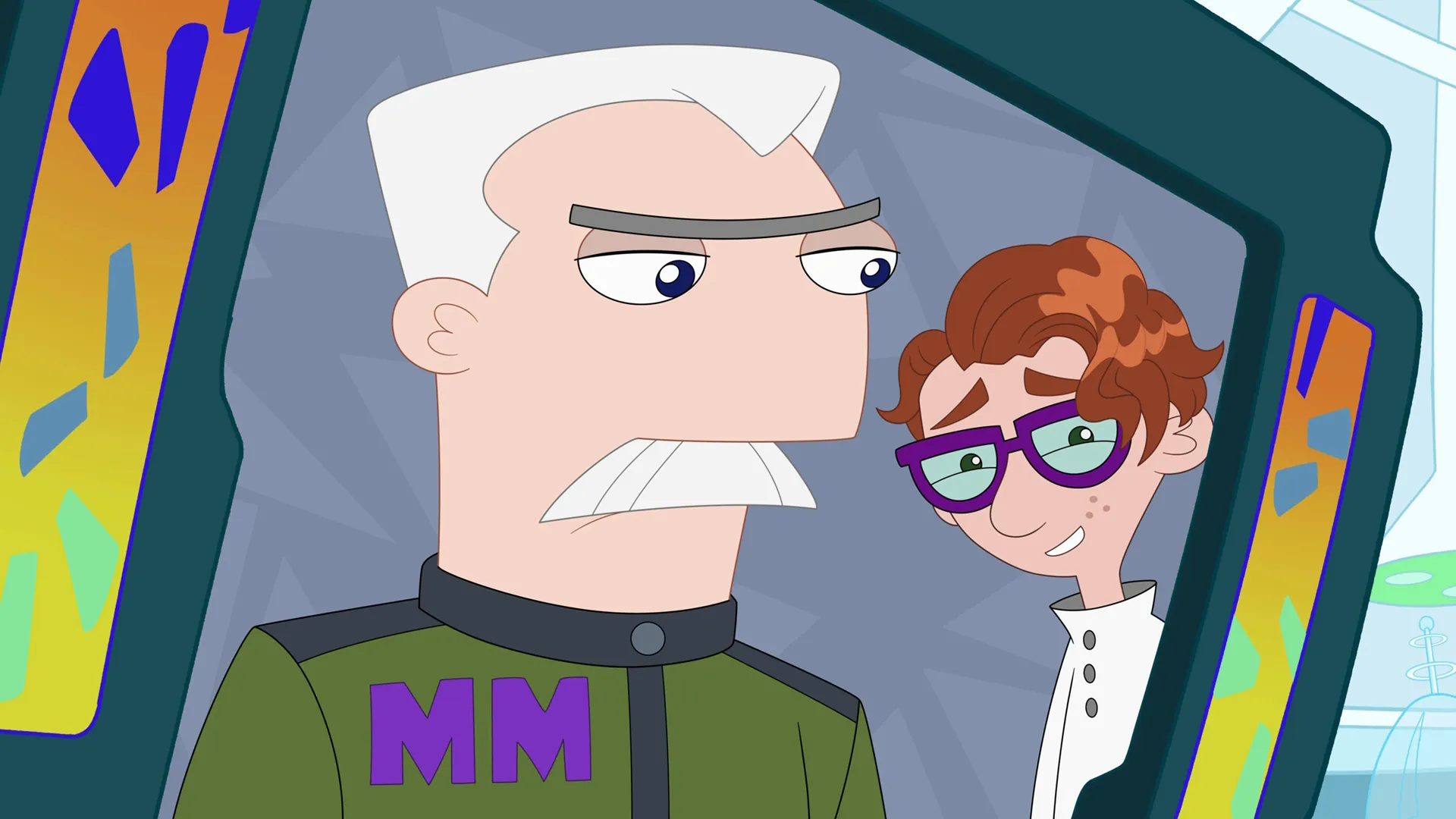 Major Monogram (voiced by Swampy Marsh) and Carl (voiced by Tyler Mann) appear on a large screen