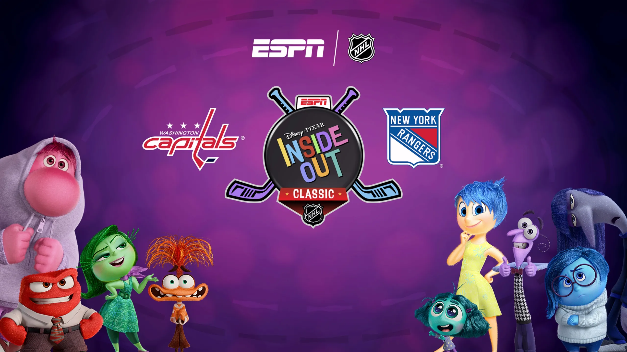 Promo artwork for the NHL alt-cast of the Washington Capitals vs New York Rangers game, featuring characters from Pixar's Inside Out franchise