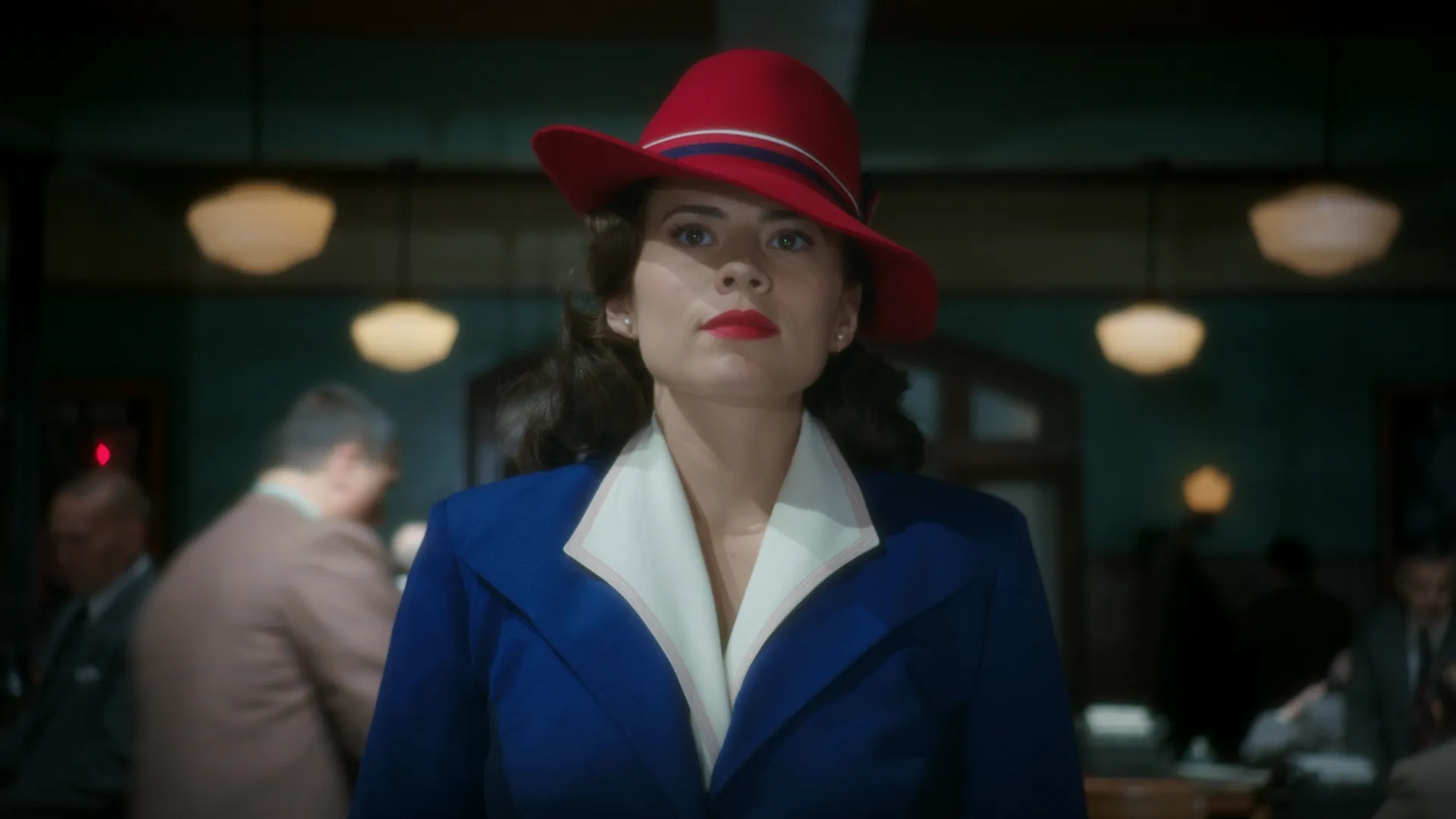 This image features Hayley Atwell as the Marvel character Peggy Carter, specifically from the television series Agent Carter. 