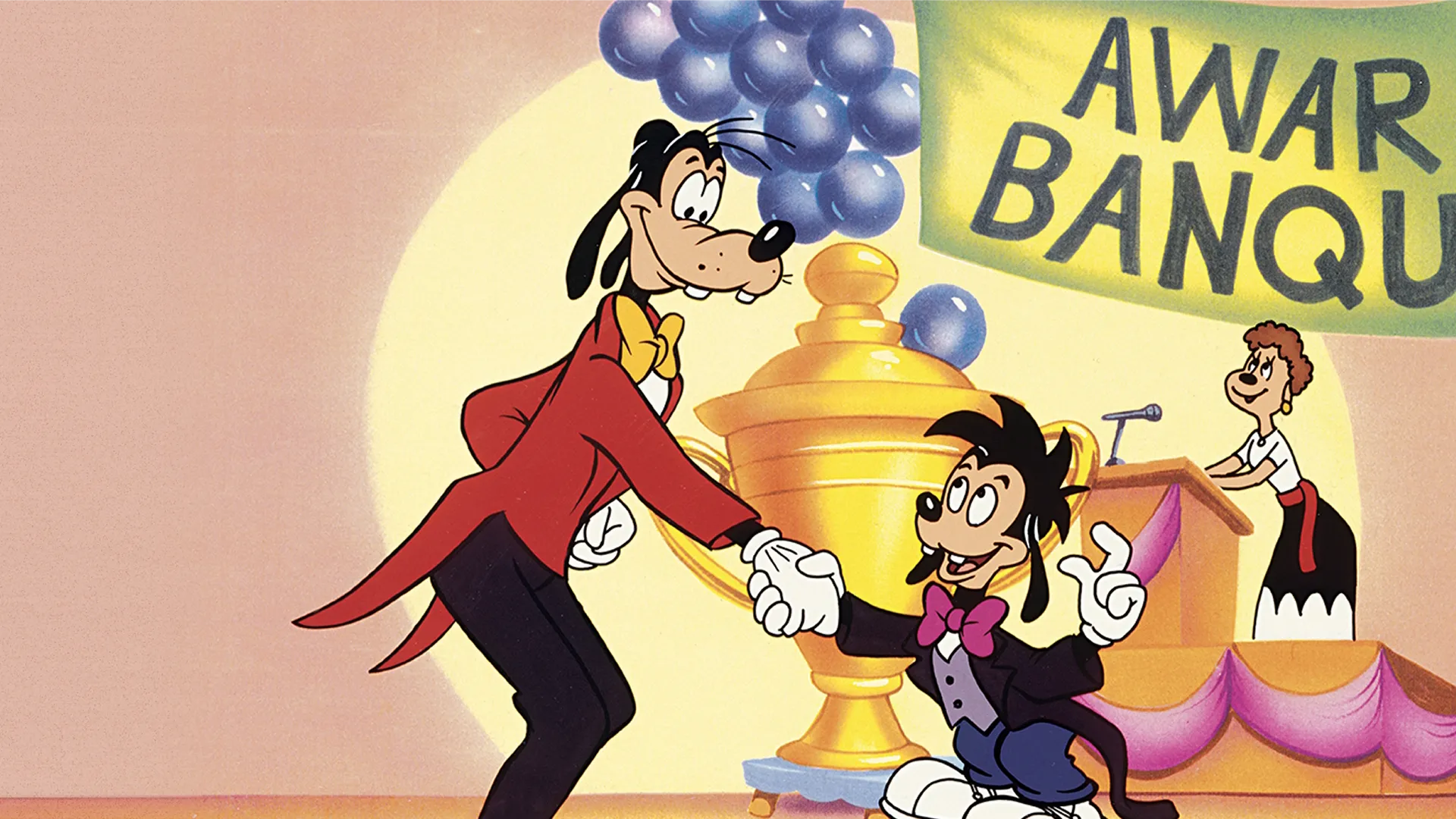 An award banquet scene from the 1990s animated Disney series Goof Troop features Goofy shaking hands with his young son, Max Goof.