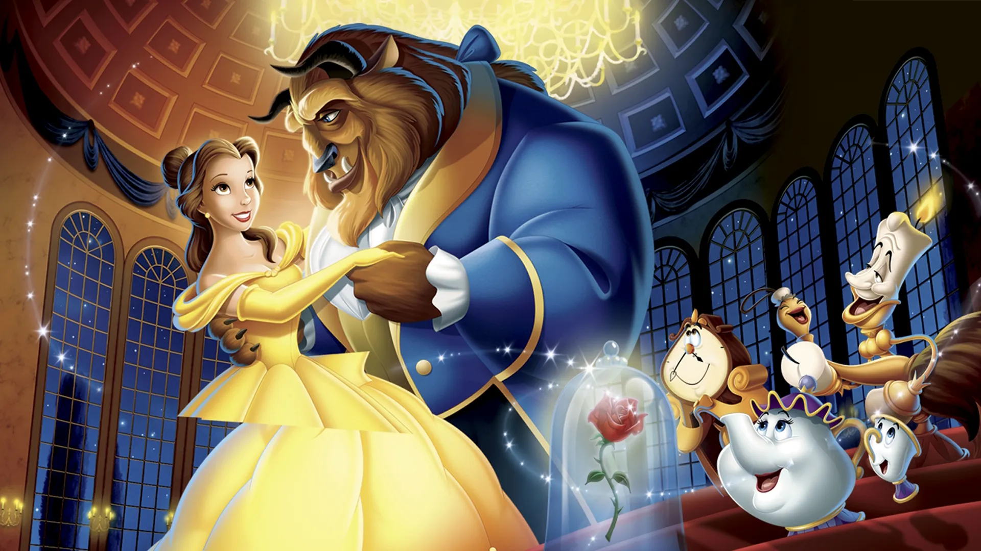 Key art from the 1991 Disney animated film Beauty and the Beast, featuring the enchanted household objects Cogsworth, Lumiere, Mrs. Potts, and Chip observing Belle and the Beast. 