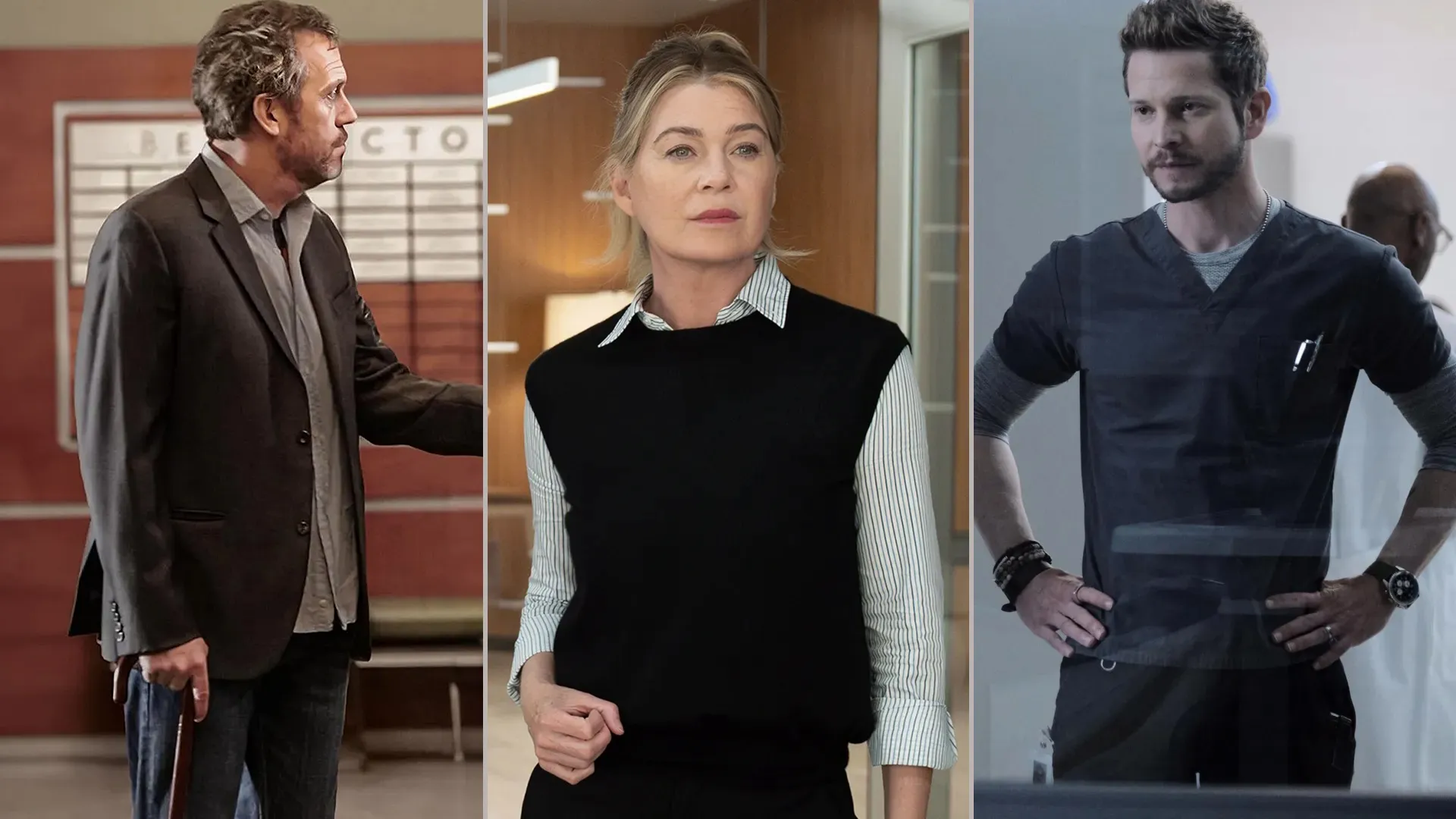 An image split into three parts featuring Dr. Gregory House from House, Meredith Grey from Grey's Anatomy, and Conrad Hawkins from The Resident.