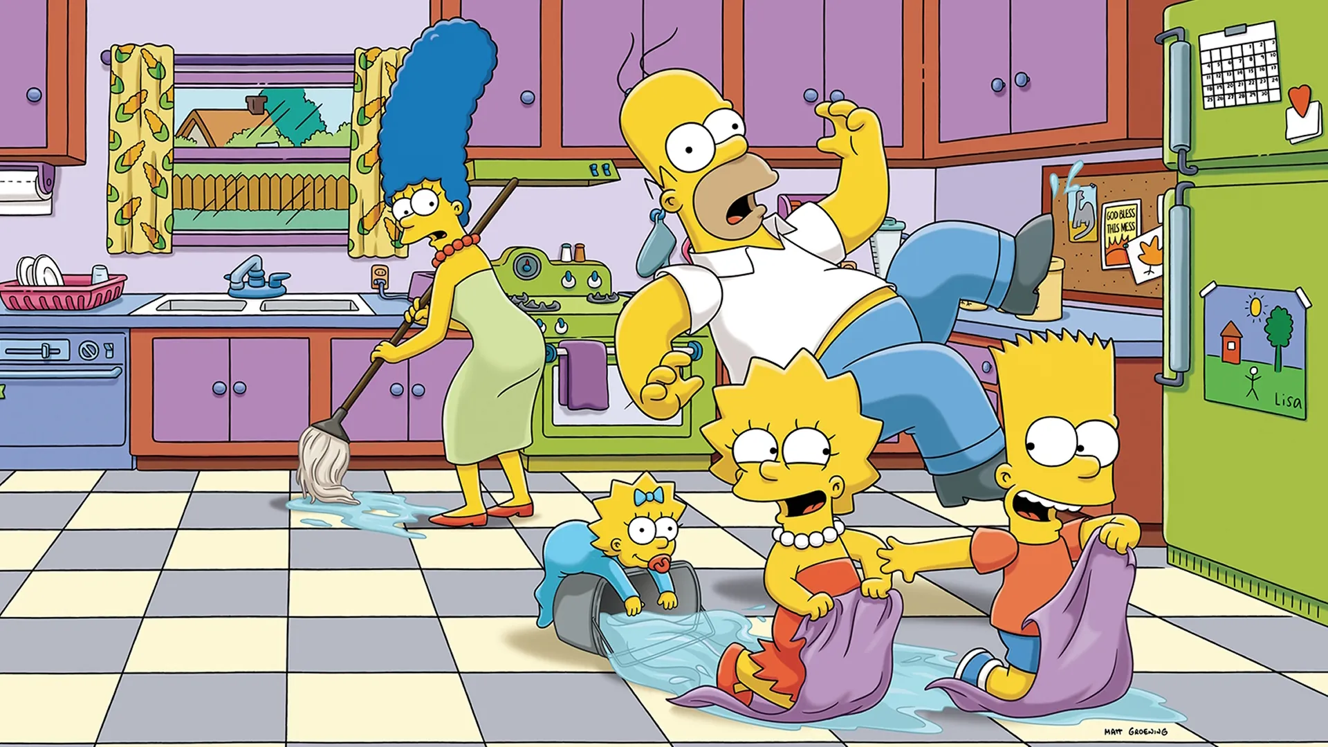 Homer Simpson sits at a kitchen table holding a fork between two pies while Lisa and Marge look on with concerned expressions.