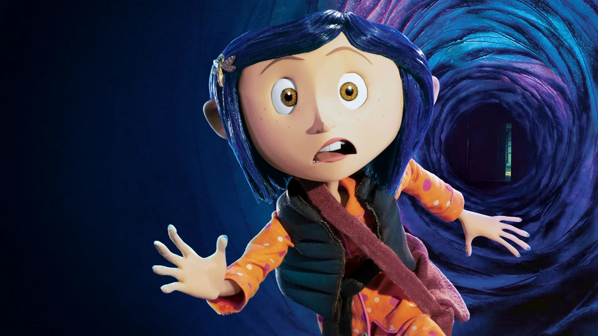 The image shows Coraline Jones, the adventurous protagonist of the 2009 stop-motion animated dark fantasy film Coraline.