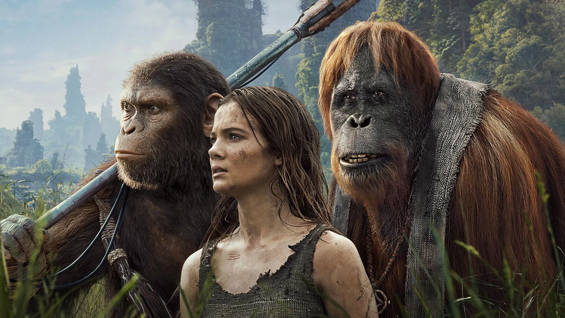 This image shows characters from the movie Kingdom of the Planet of the Apes, released in May 2024