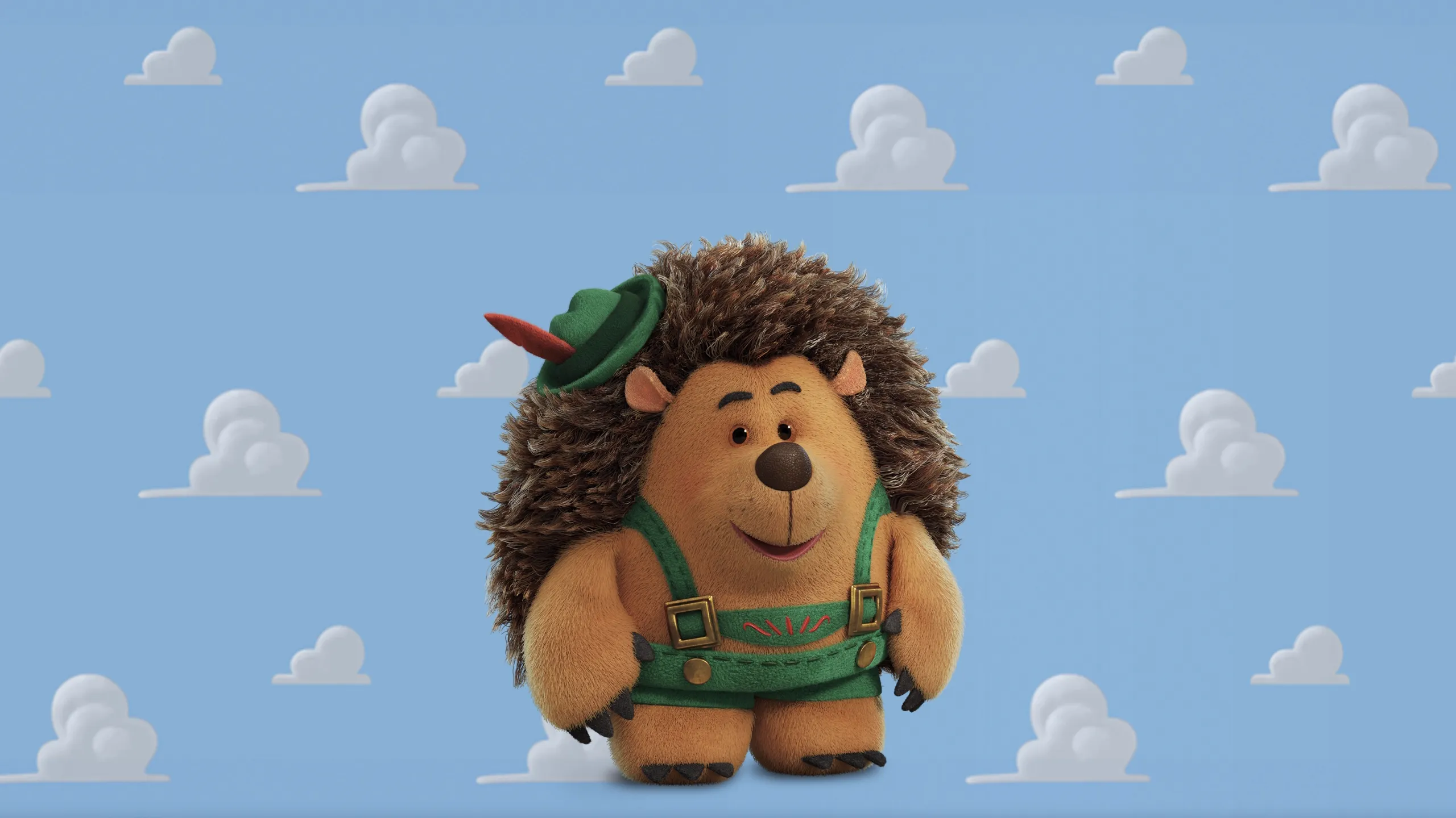 A hedgehog toy wearing a green Tyrolean hat with a red feather and green lederhosen