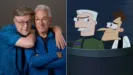 Dan Povenmire and Swampy Marsh together next to a screencap of their characters, Major Monogram and Dr. Doofenshmirtz