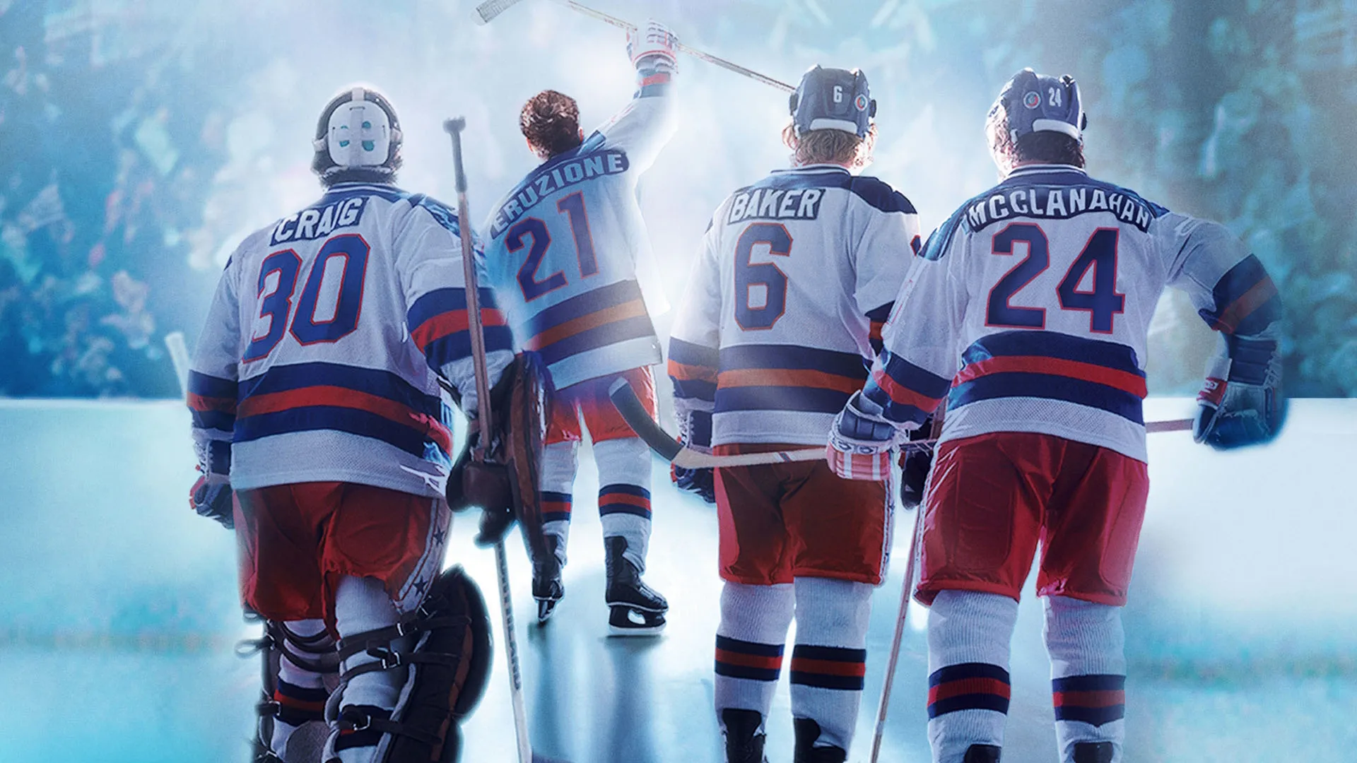 A photo taken from behind of the ice hockey team in Miracle
