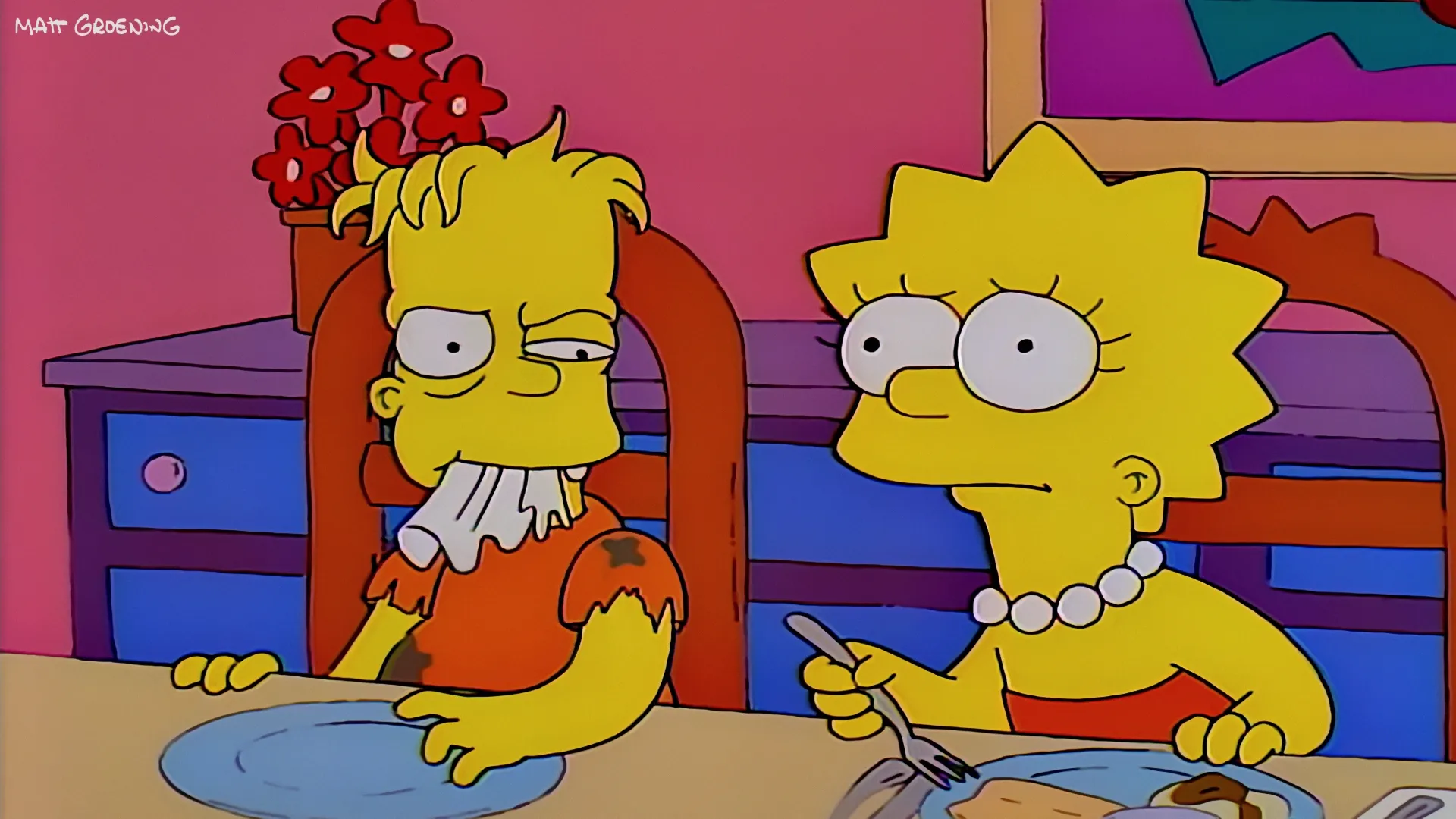 A disheveled Hugo Simpson with messy hair and torn clothes aggressively chews on a napkin while Lisa Simpson looks with wide, concerned eyes at the dinner table.