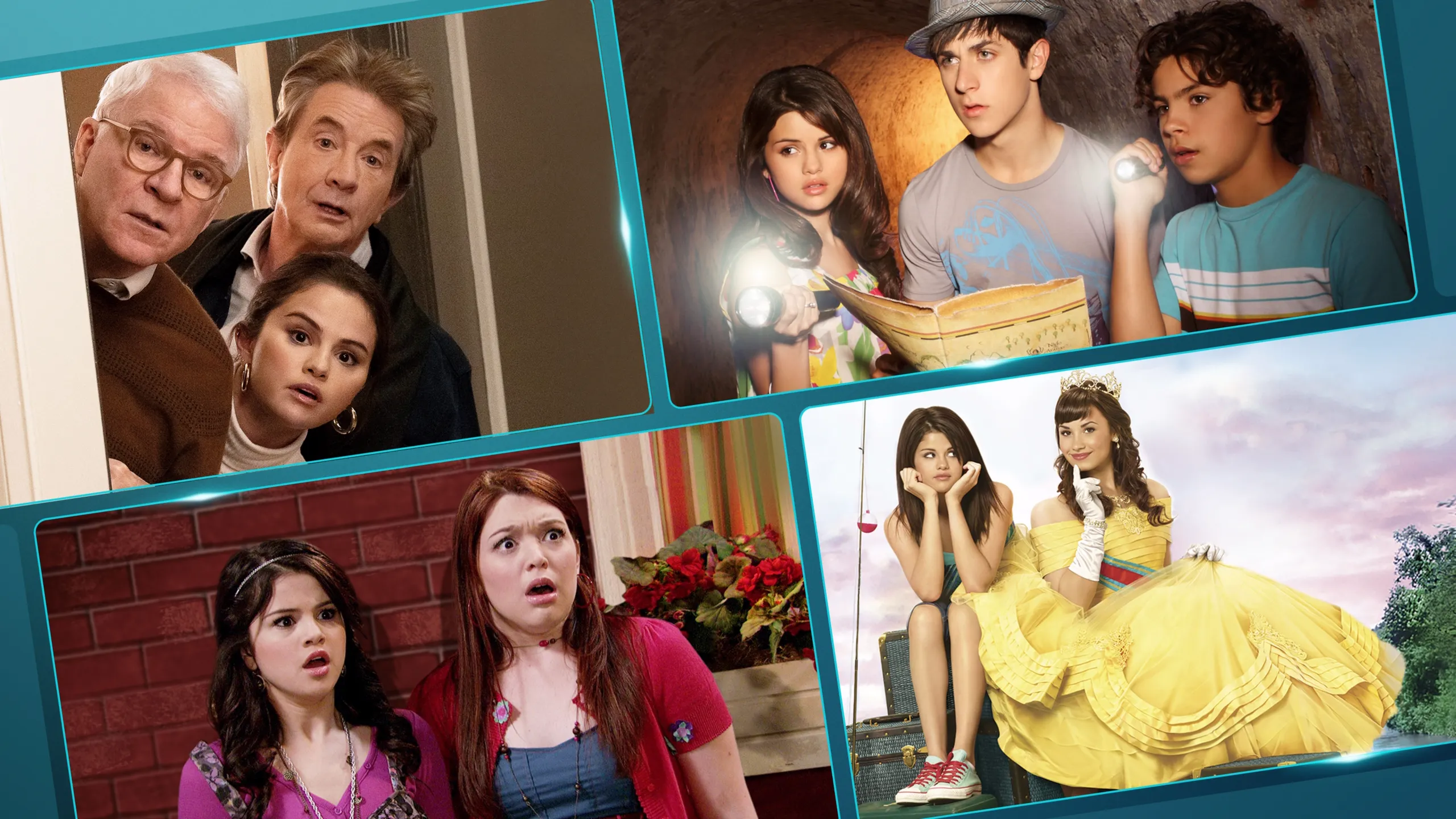 This image features various roles played by celebrity Selena Gomez throughout her career, including Wizards of Waverly Place, Wizards Beyond Waverly Place, Princess Protection Program and Only Murders in the Building.