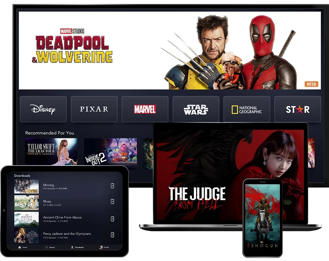 4 Devices showcasing the Disney+ product on TV, Mobile, Laptop, and Tablet