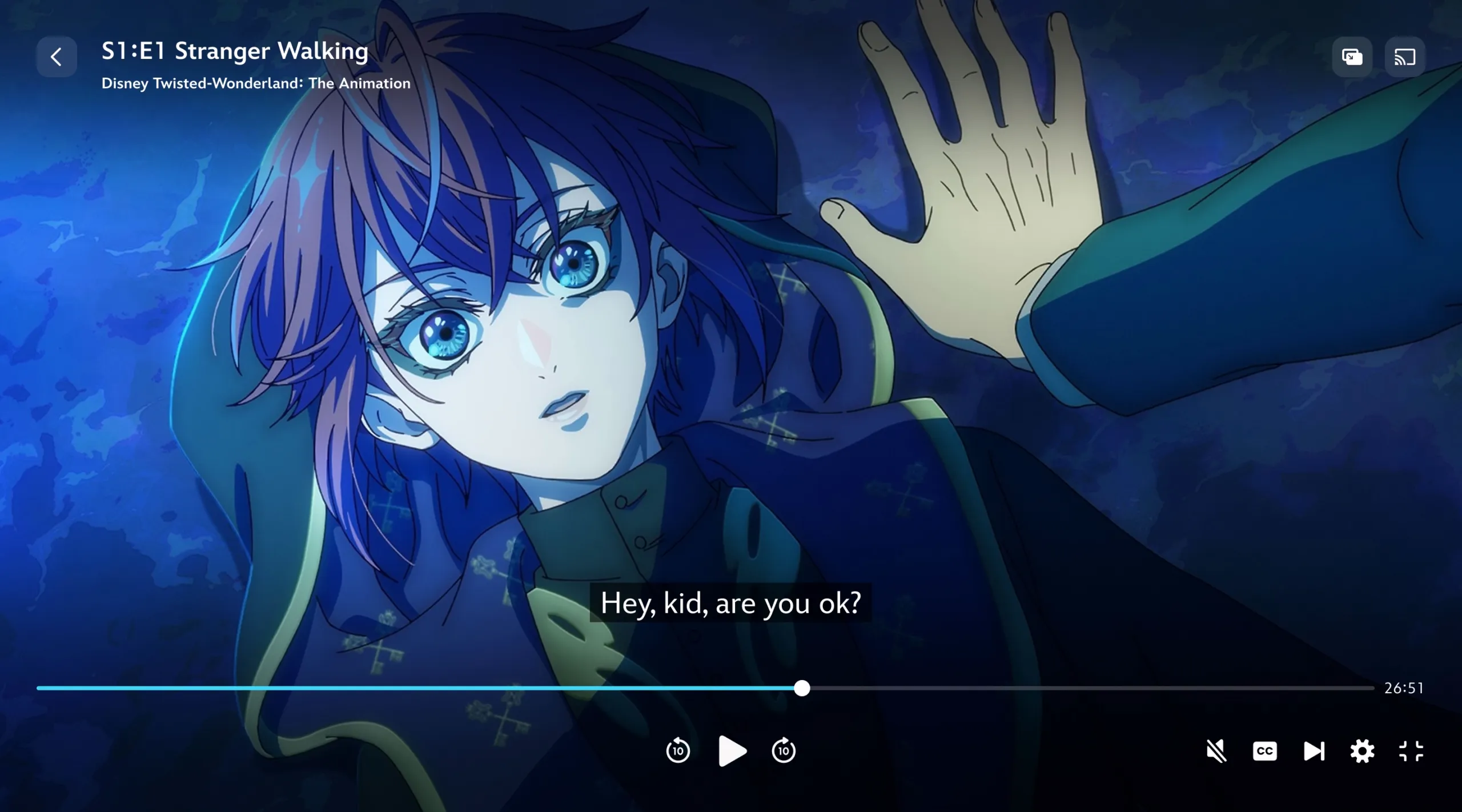 A scene from Disney Twisted-Wonderland: The Animation with English subtitles. Scene dialogue: "H-hey, are you okay?".