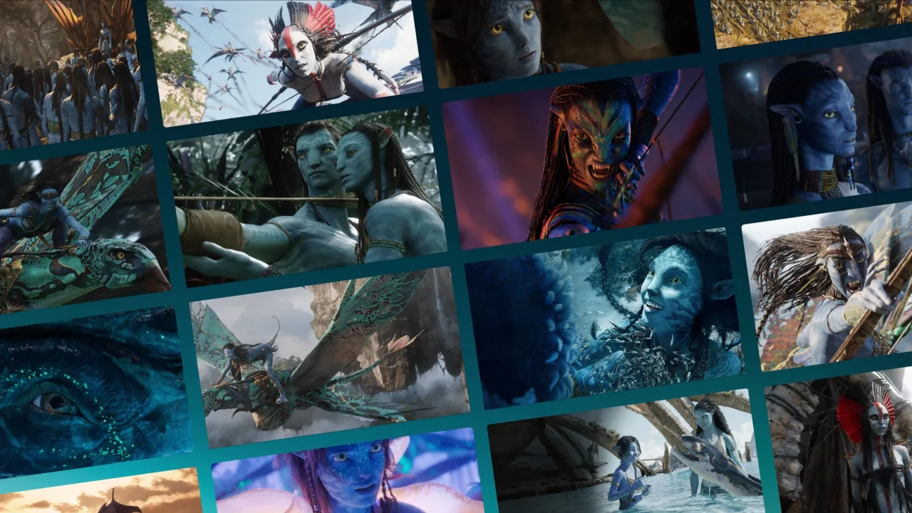 Collage of scenes from three Avatar movies featuring various characters including Sully, Neytiri, Kiri, and Varang.