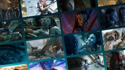 Collage of scenes from three Avatar movies featuring various characters including Sully, Neytiri, Kiri, and Varang.