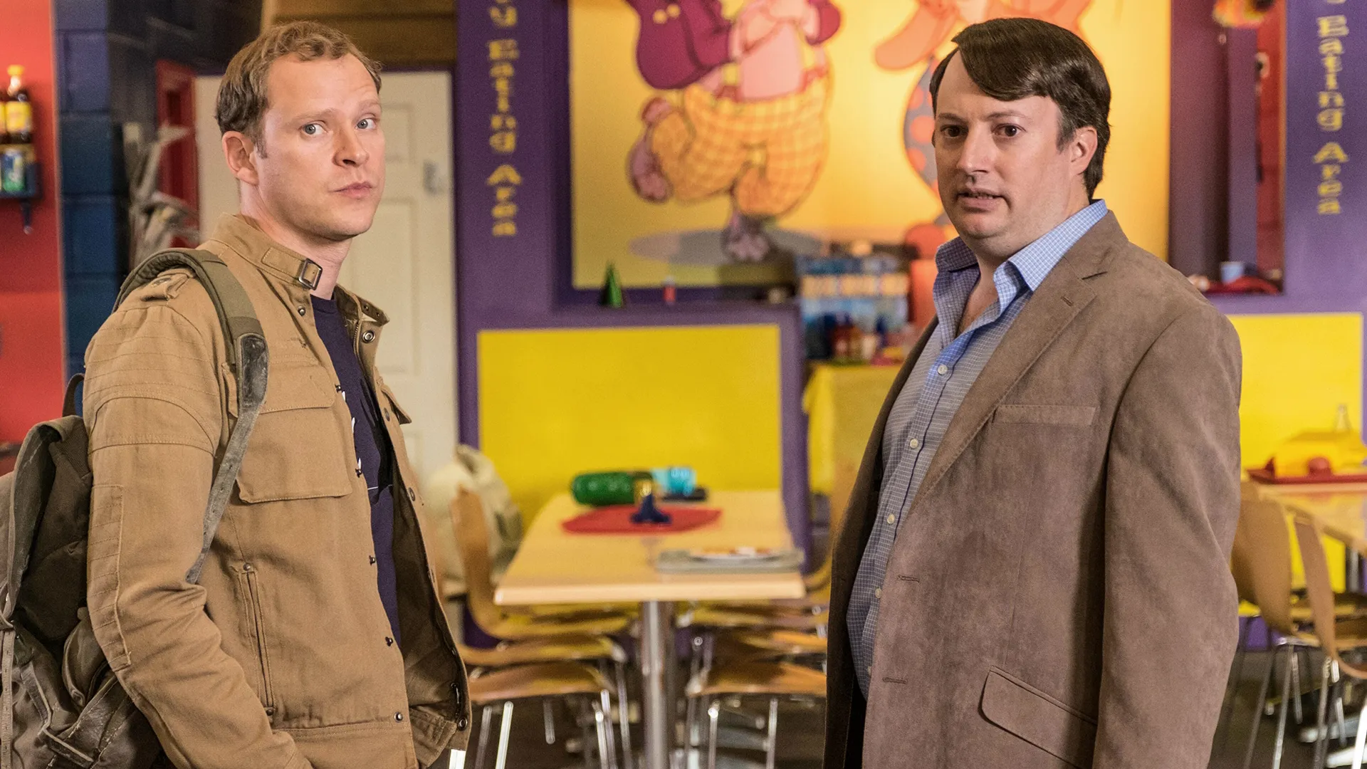 Robert Webb (left) as Jeremy "Jez" Usborne and David Mitchell (right) as Mark Corrigan in Peep Show