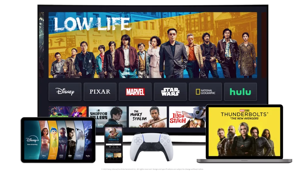 4 Devices showcasing the Disney+ product on TV, Mobile, Laptop, and Tablet