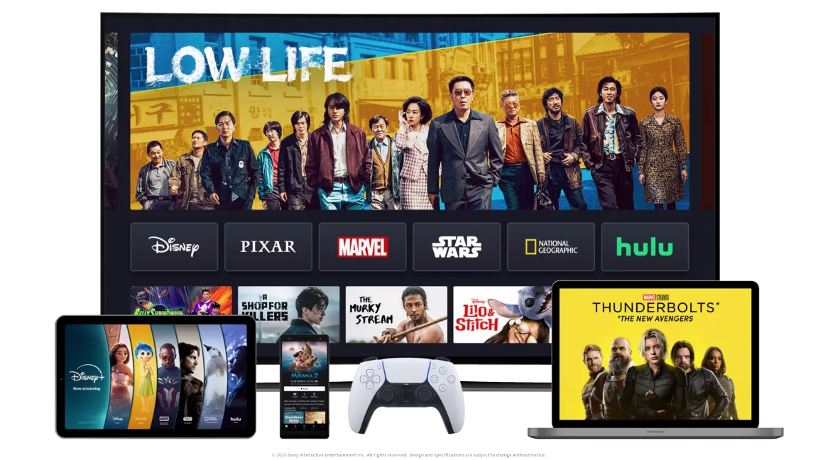 4 Devices showcasing the Disney+ product on TV, Mobile, Laptop, and Tablet