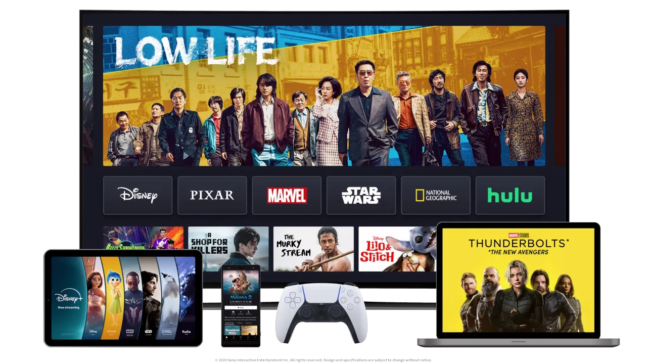 4 Devices showcasing the Disney+ product on TV, Mobile, Laptop, and Tablet