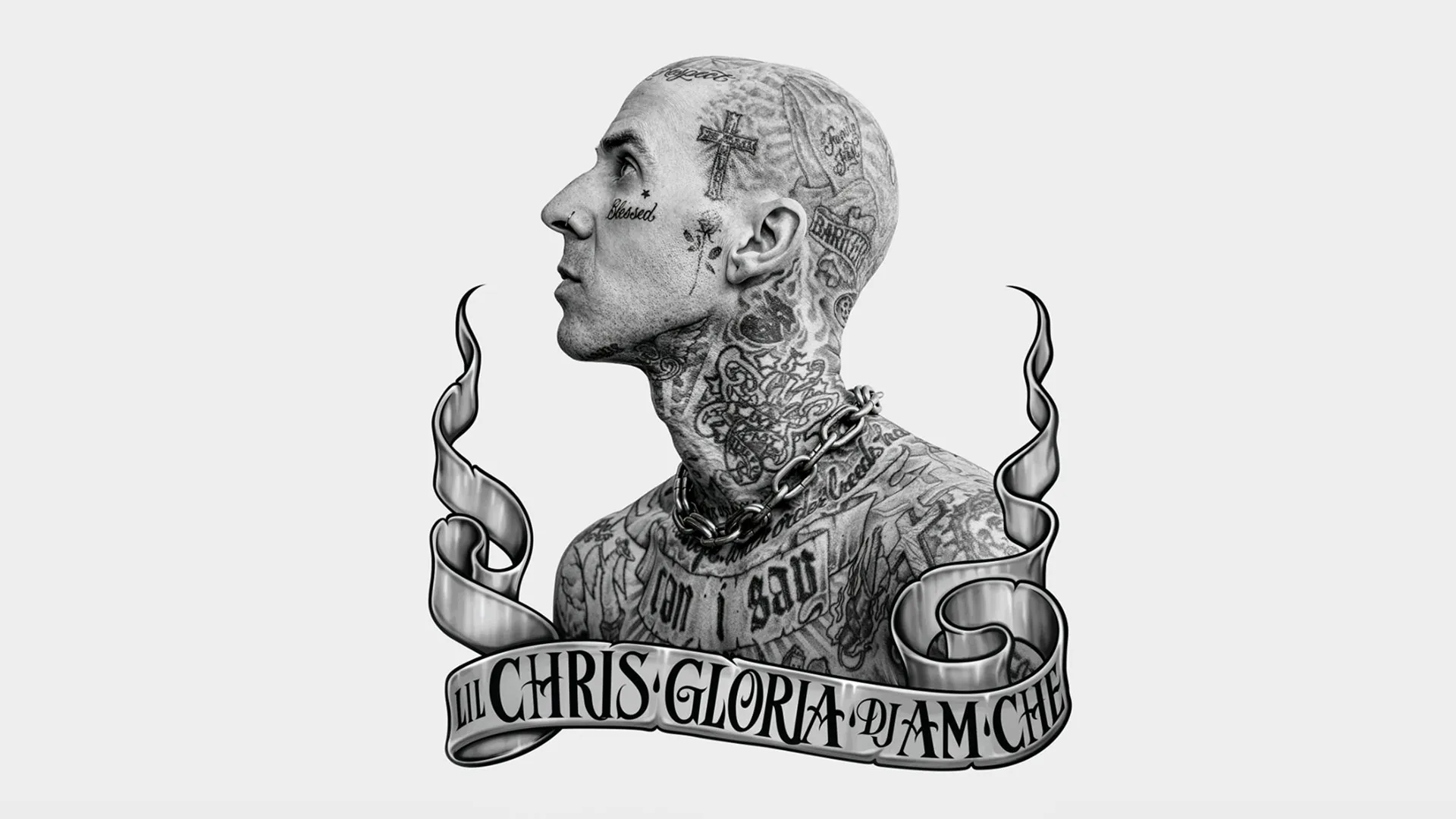 A black-and-white portrait features Blink-182 drummer Travis Barker, showcasing his extensive tattoo collection.