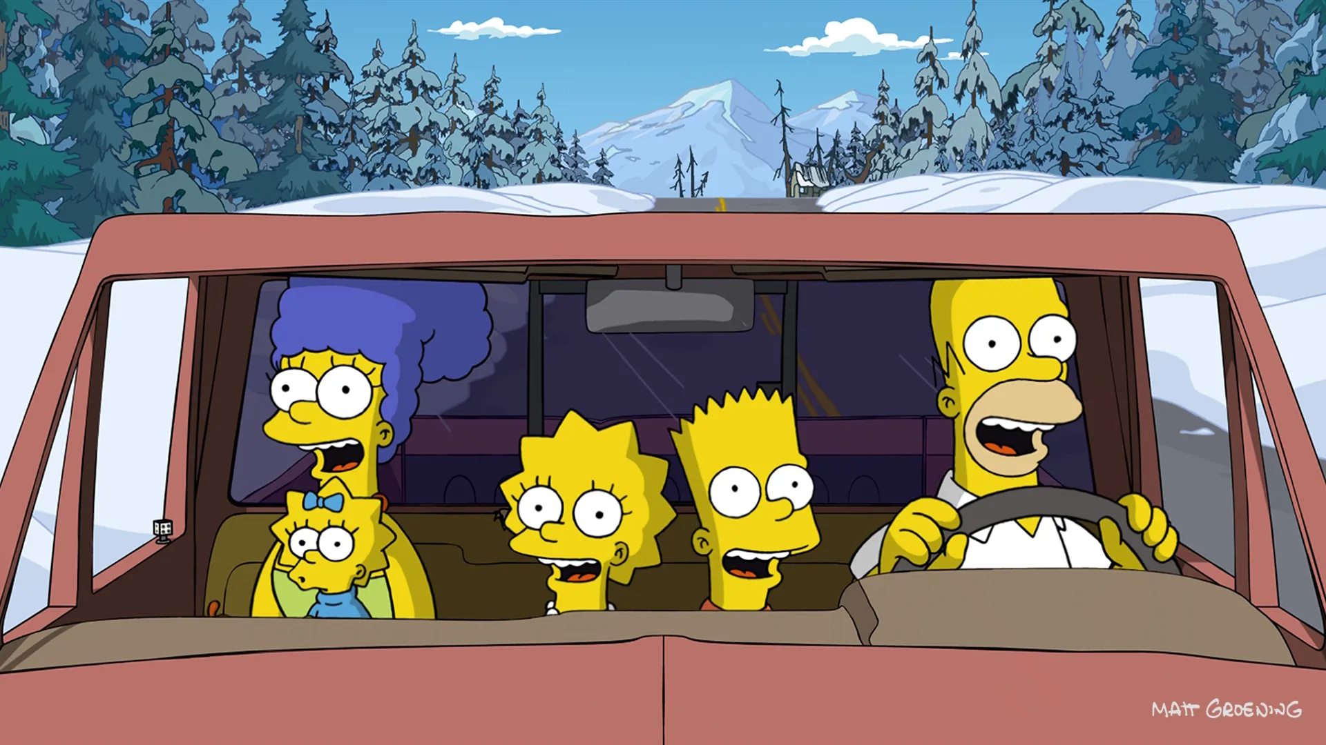 This image is a scene from The Simpsons Movie (2007), showing the Simpson family driving toward Alaska to escape Springfield. 