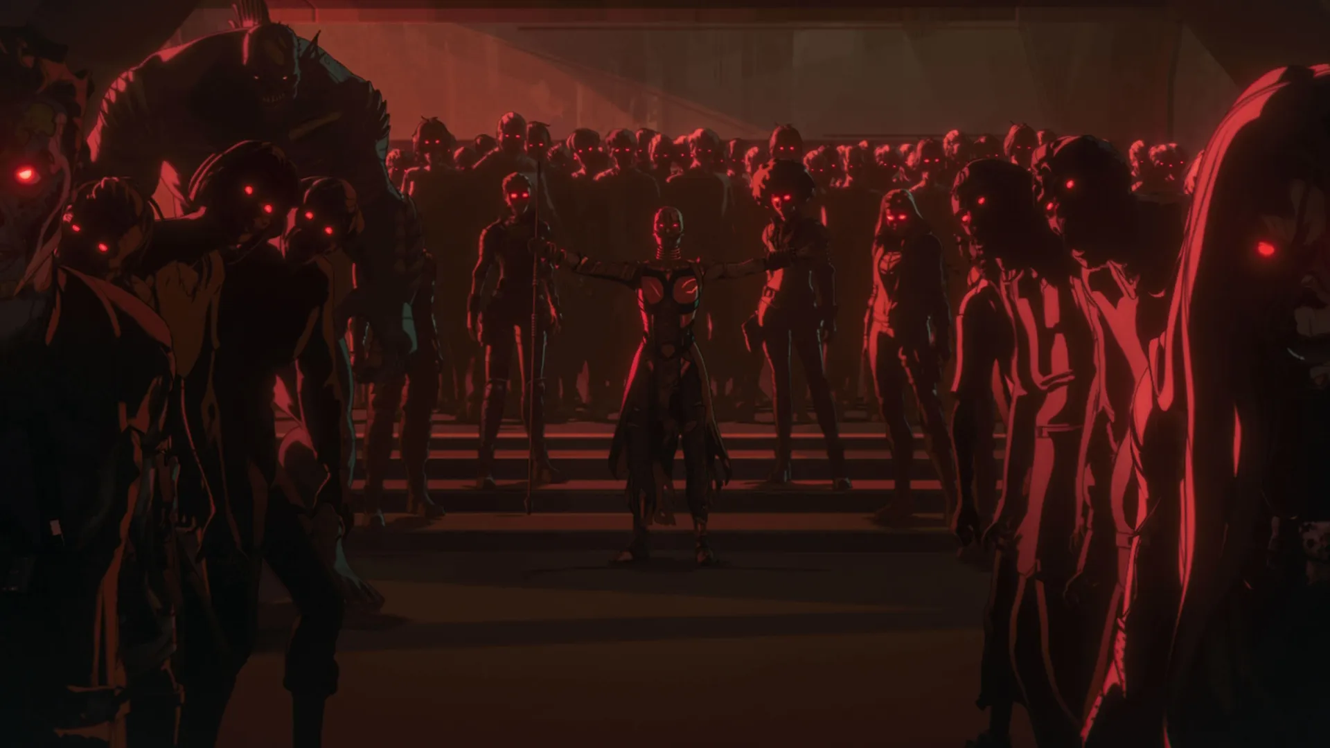 A crowd of zombies gather, bathed in red light.