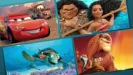 Four tile promo grid showcasing animated Disney titles including Cars, Moana, Finding Nemo, and The Lion King.