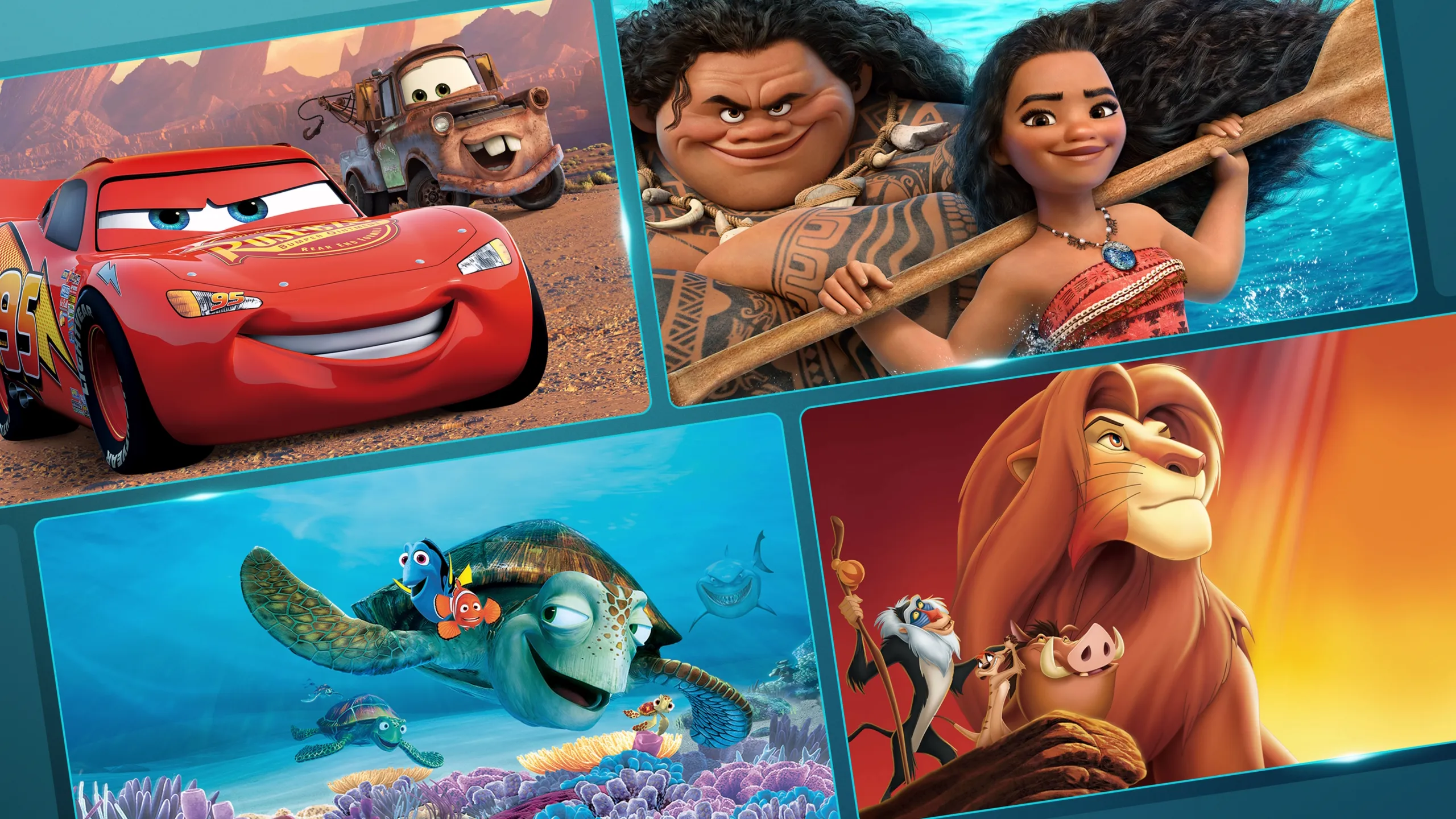 Four tile promo grid showcasing animated Disney titles including Cars, Moana, Finding Nemo, and The Lion King.