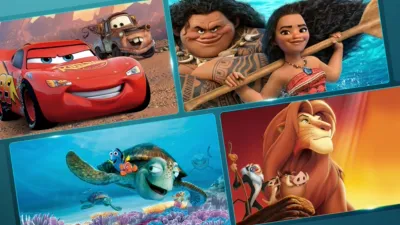 Four tile promo grid showcasing animated Disney titles including Cars, Moana, Finding Nemo, and The Lion King.