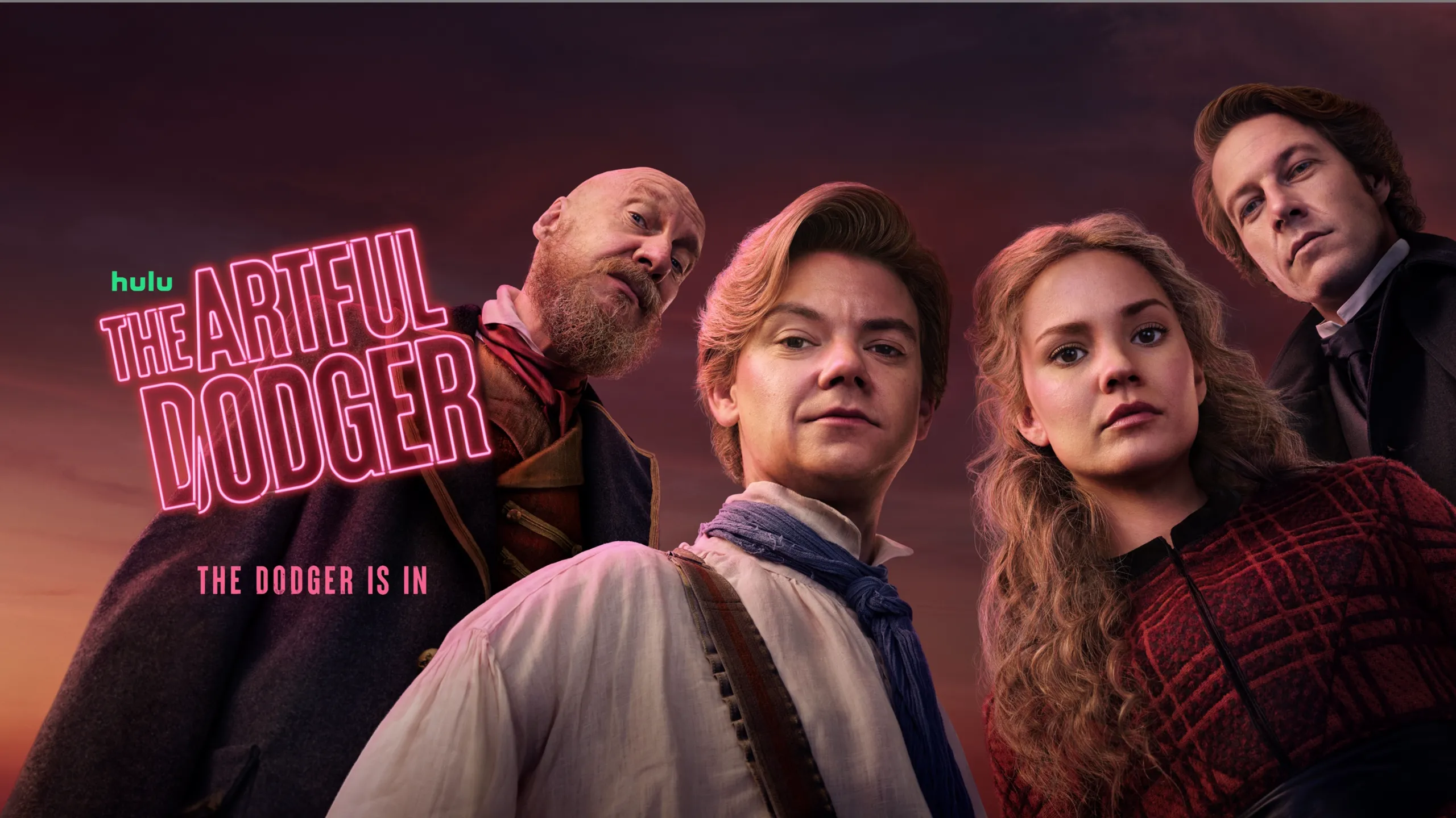 Fagin (David Thewlis), Artful Dodger (Thomas Brodie-Sangster), Lady Belle Fox (Maia Mitchell), and Henry Boxer (Luke Bracey) look down at the viewer
