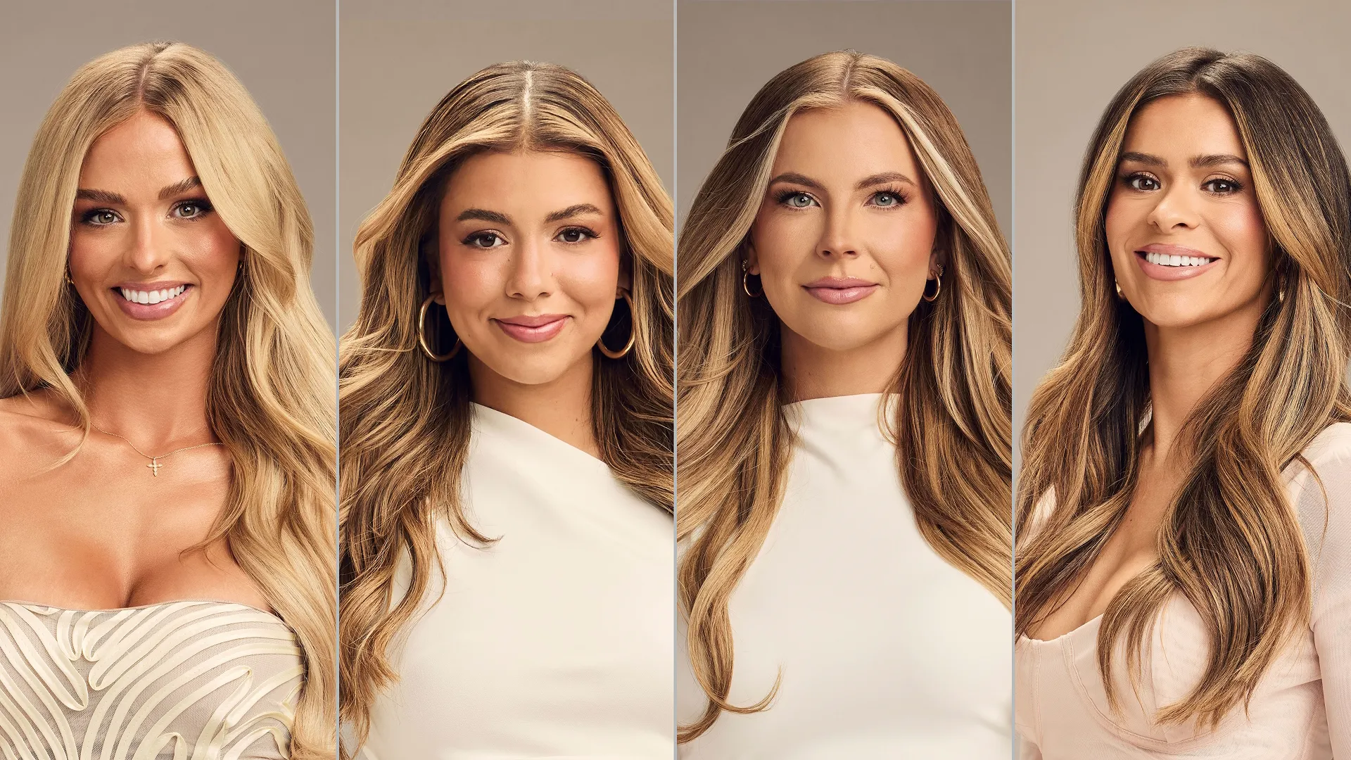 This image features cast members from the Hulu reality television series, The Secret Lives of Mormon Wives. From left to right, the cast members are Whitney Leavitt, Layla Taylor, Mikayla Matthews, and Jessi Ngatikaura.