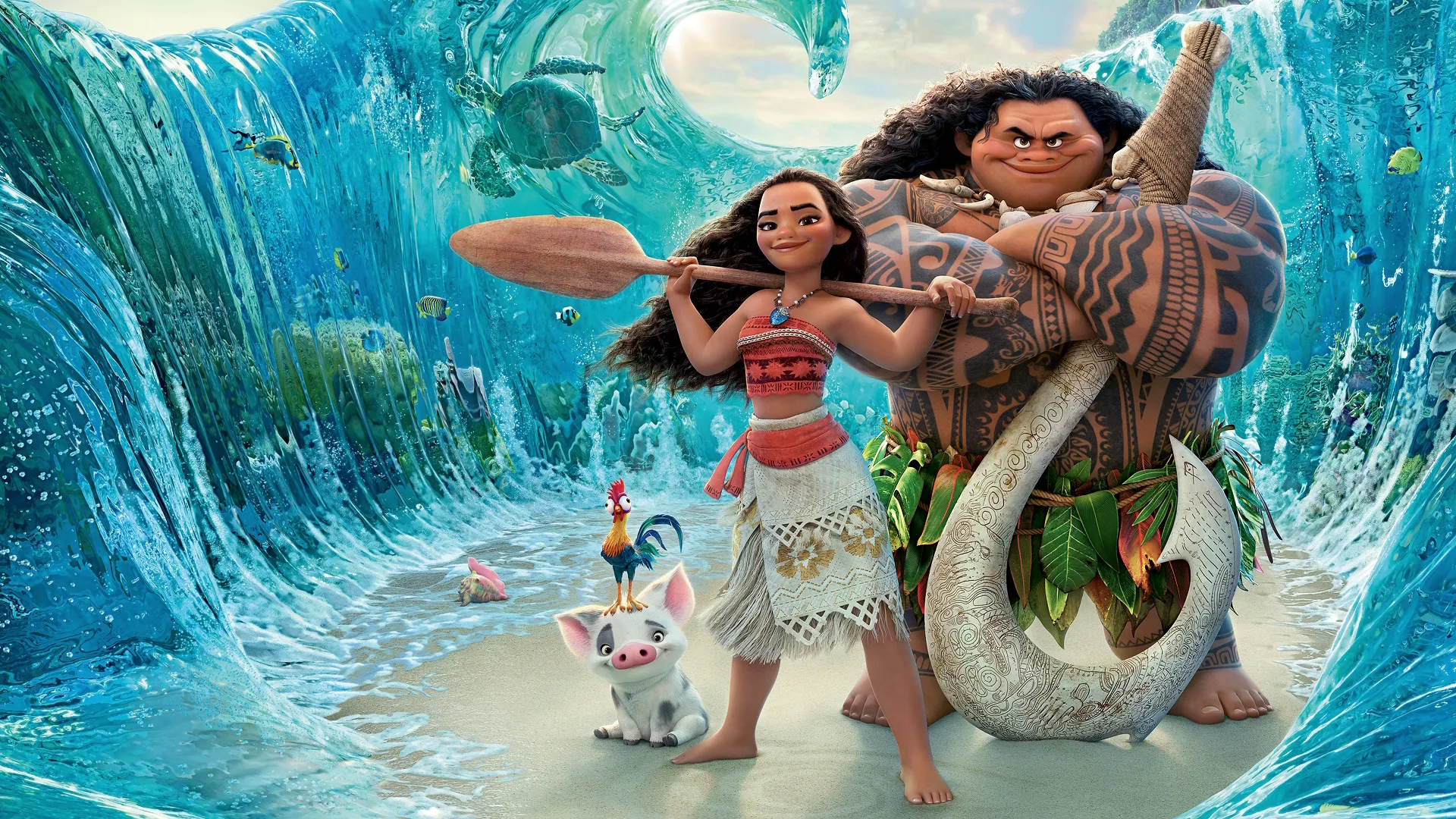 An animated Moana poses confidently with a wooden paddle across her shoulders next to a smirking Maui, who holds his massive fishhook, while the pig Pua and rooster Heihei sit beside them as walls of vibrant turquoise ocean water part on either side.