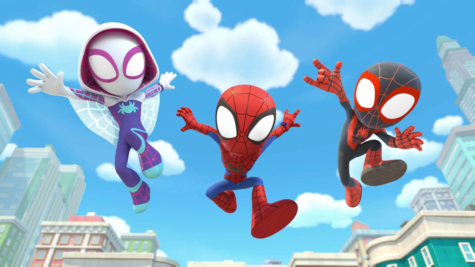 Ghost-Spider, Spidey and Miles Morales leap into action.