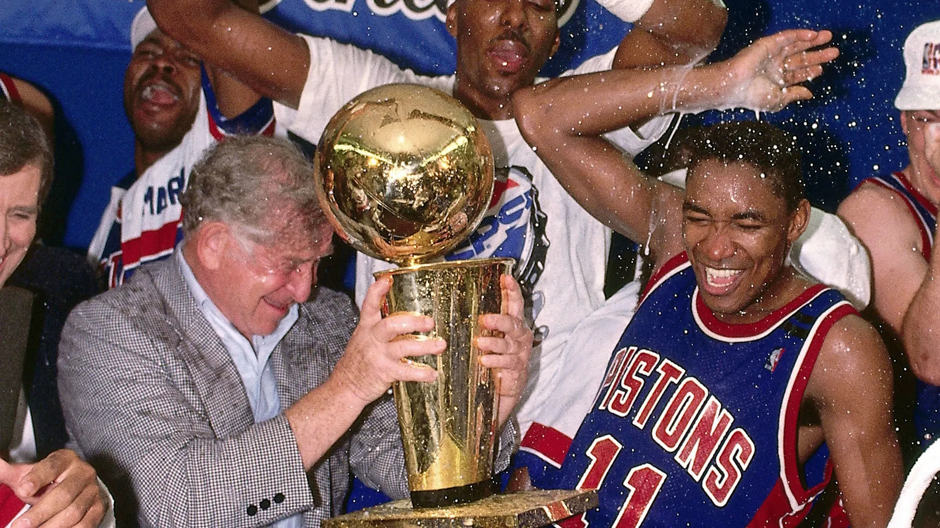 The Detroit Pistons celebrate winning the NBA Championship.