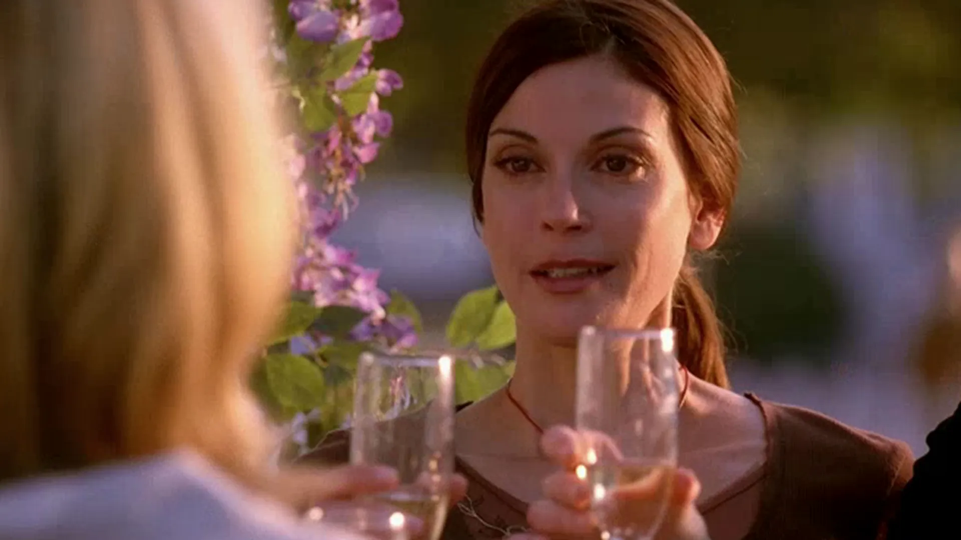 Susan Mayer (Teri Hatcher) smiles warmly while raising a champagne glass to toast a blonde woman, whose shoulder is visible in the blurry left foreground, with purple wisteria flowers blooming behind them.