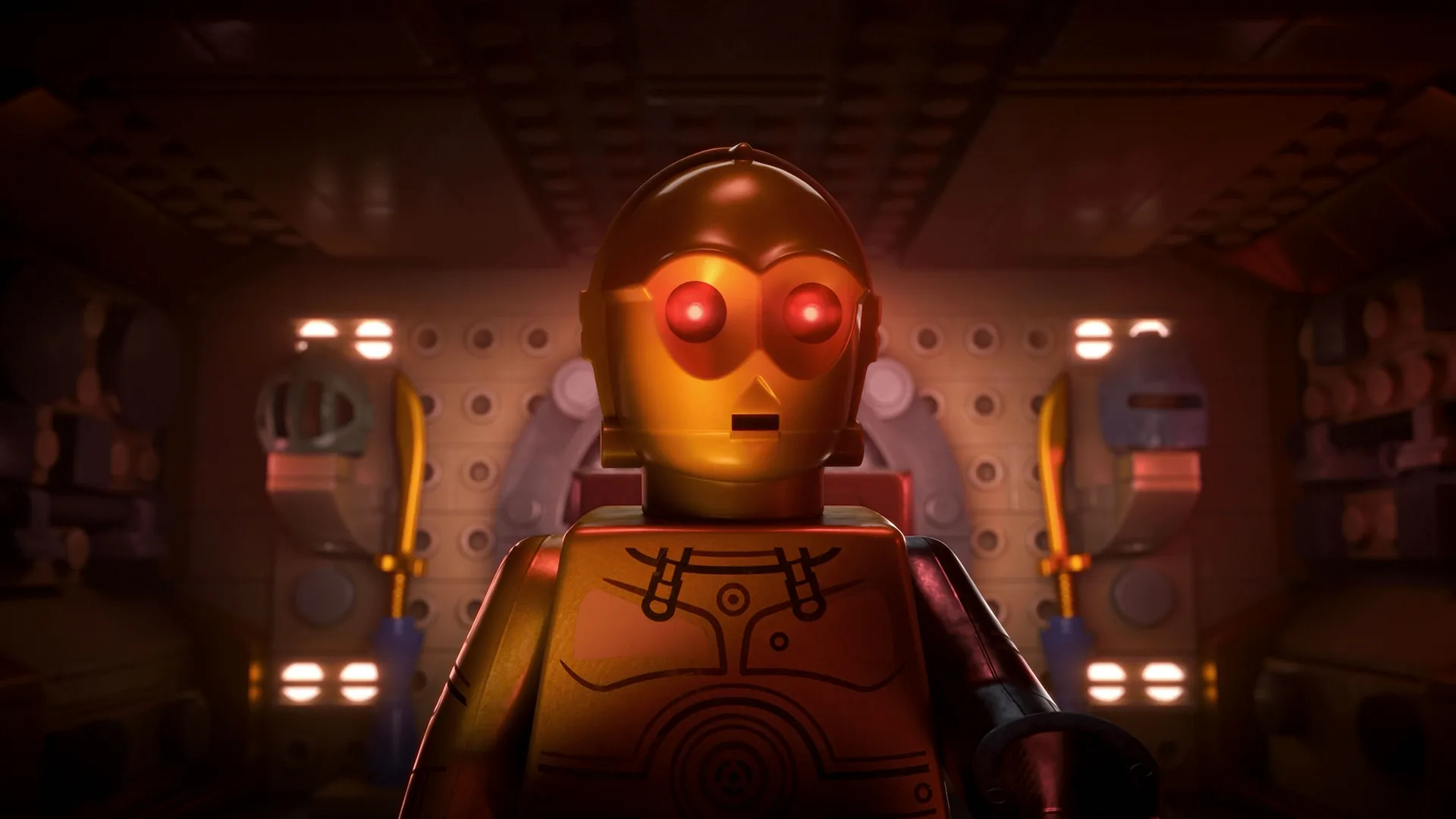 LEGO C-3PO with red eyes.
