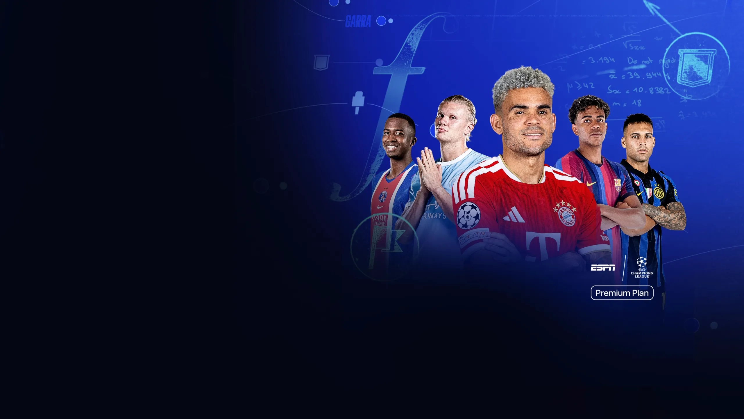 Five soccer players wearing PSG, Manchester City, Bayern Munich, Barcelona, and Inter Milan jerseys against a blue UEFA Champions League background, with ESPN and Premium Plan branding.