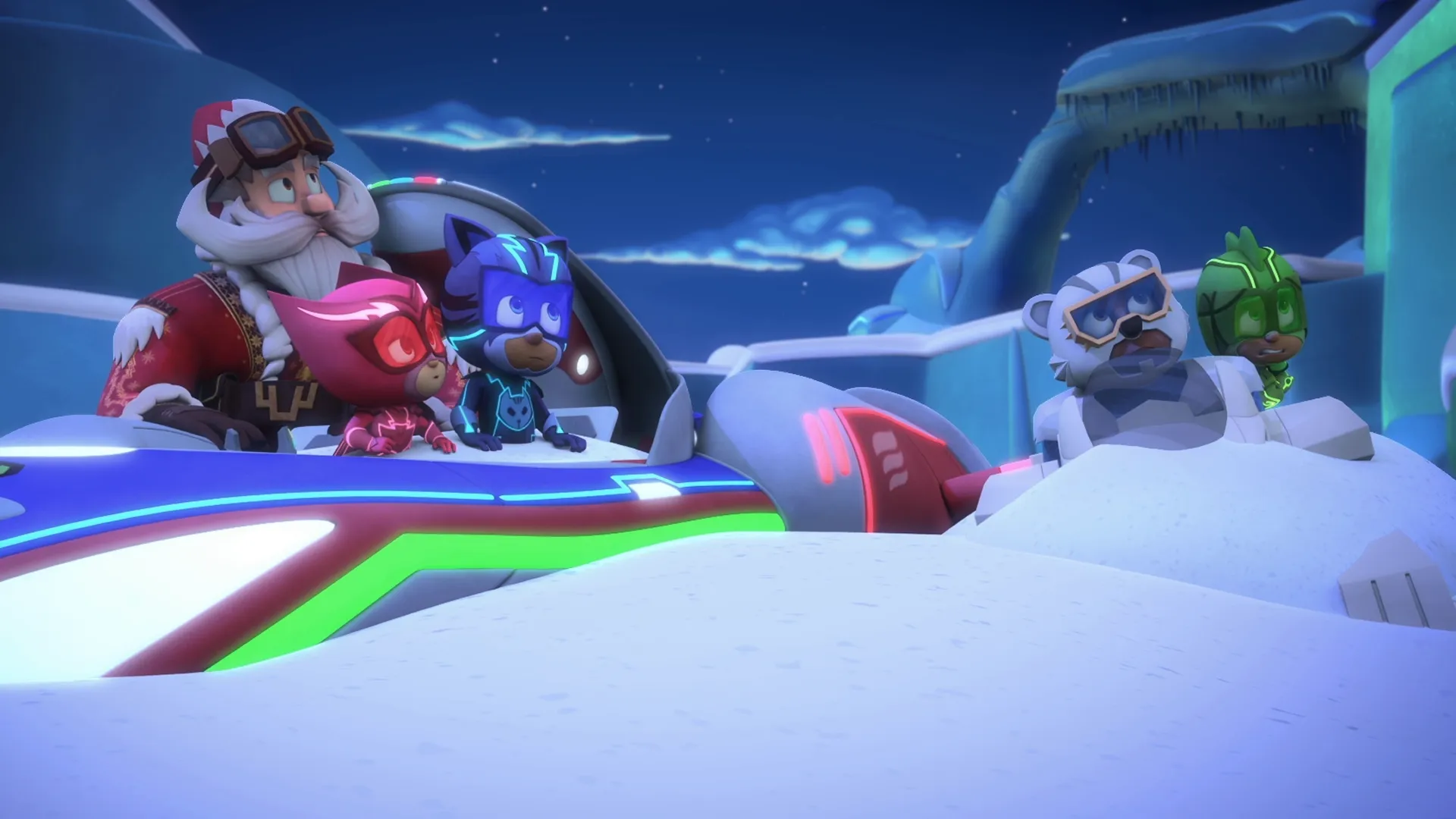 Catboy, Owelette, and Gekko ride in a ship with Santa and Ice Cub
