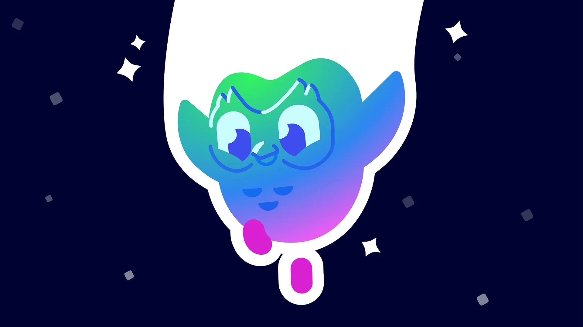 Rainbow colord Duolingo owl falling through space.