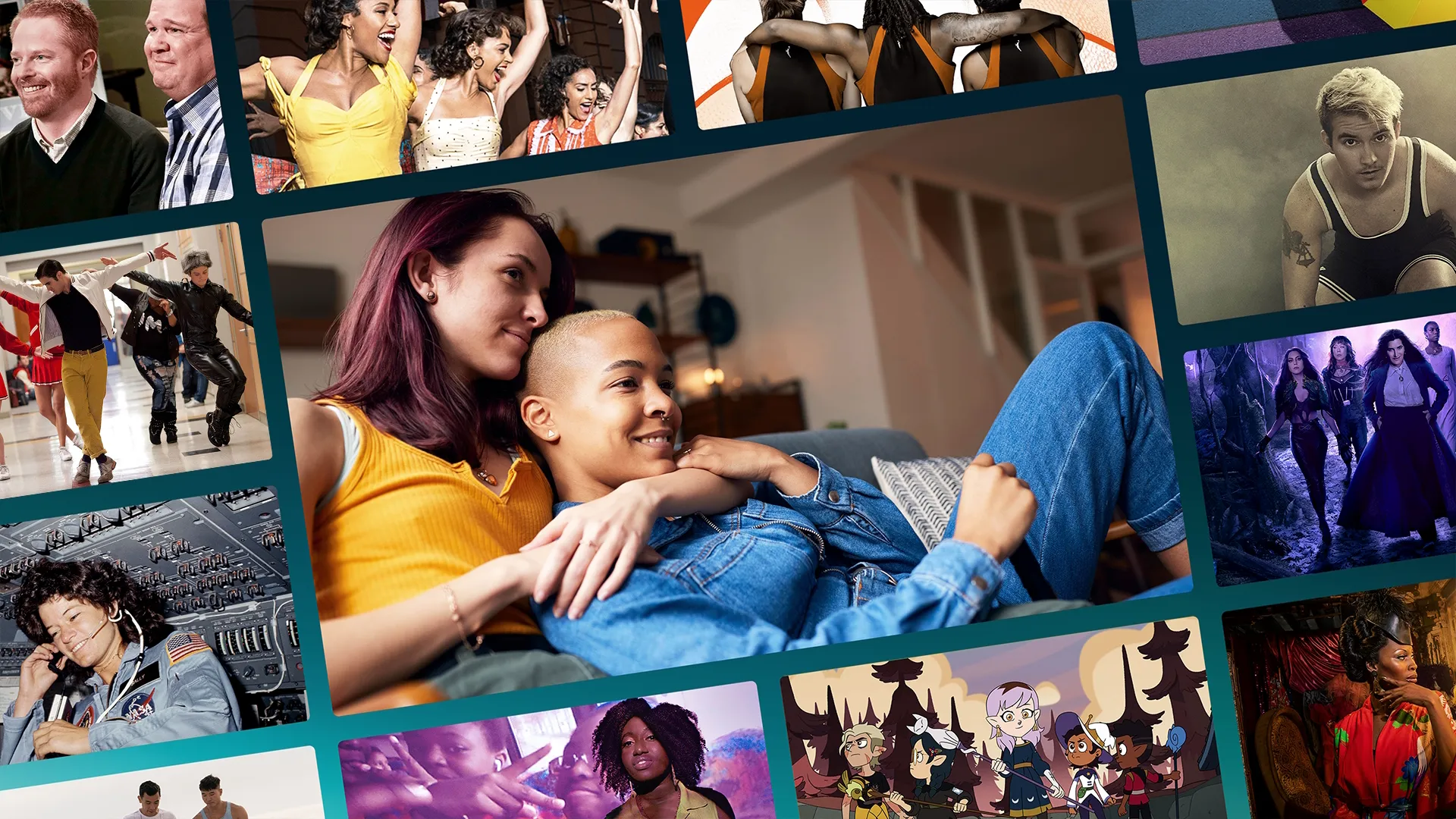 Collage of movies and shows that celebrate Pride around a central image of two women laying together on the couch watching TV.